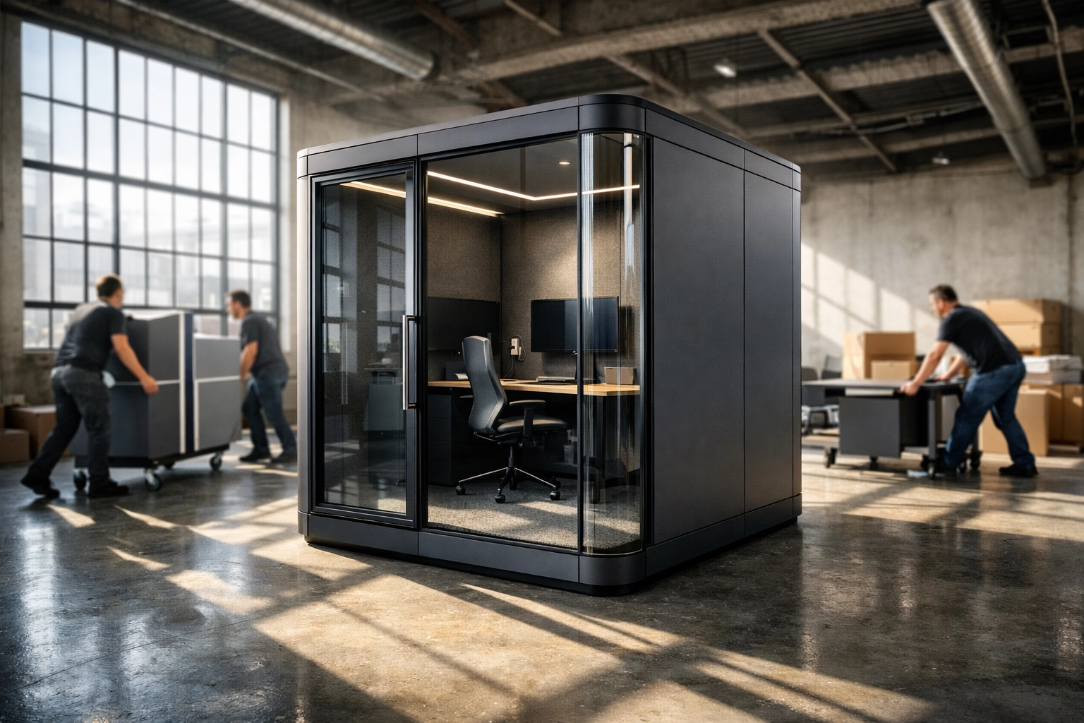 A sleek modular tech pod in a modern office, representing the new alternative to traditional computer labs.
