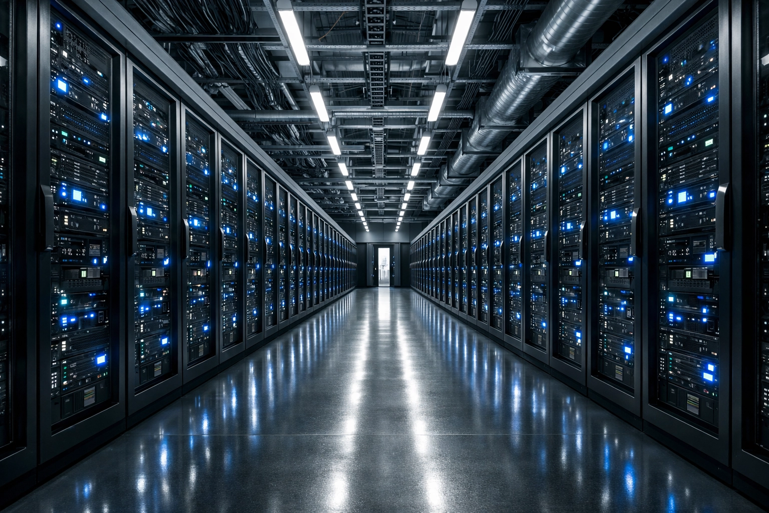 Data center server racks providing the massive compute power required for AI video generation.