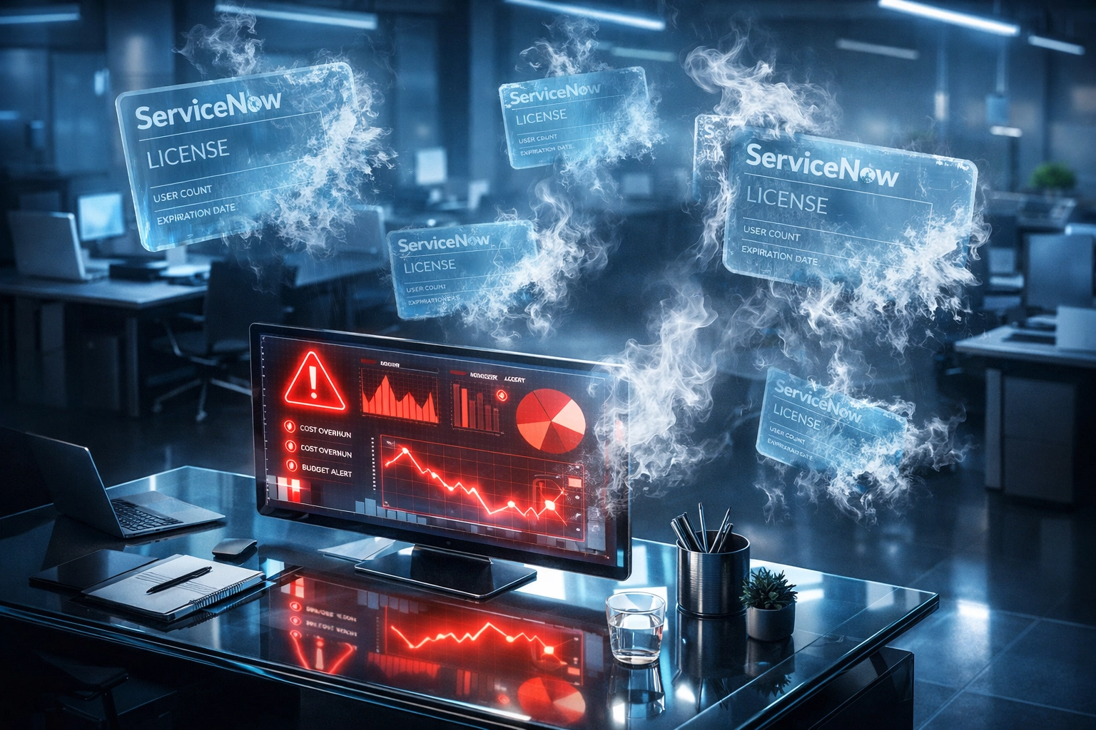 Unused ServiceNow licenses dissolving with analytics dashboard showing wasted ITOM budget