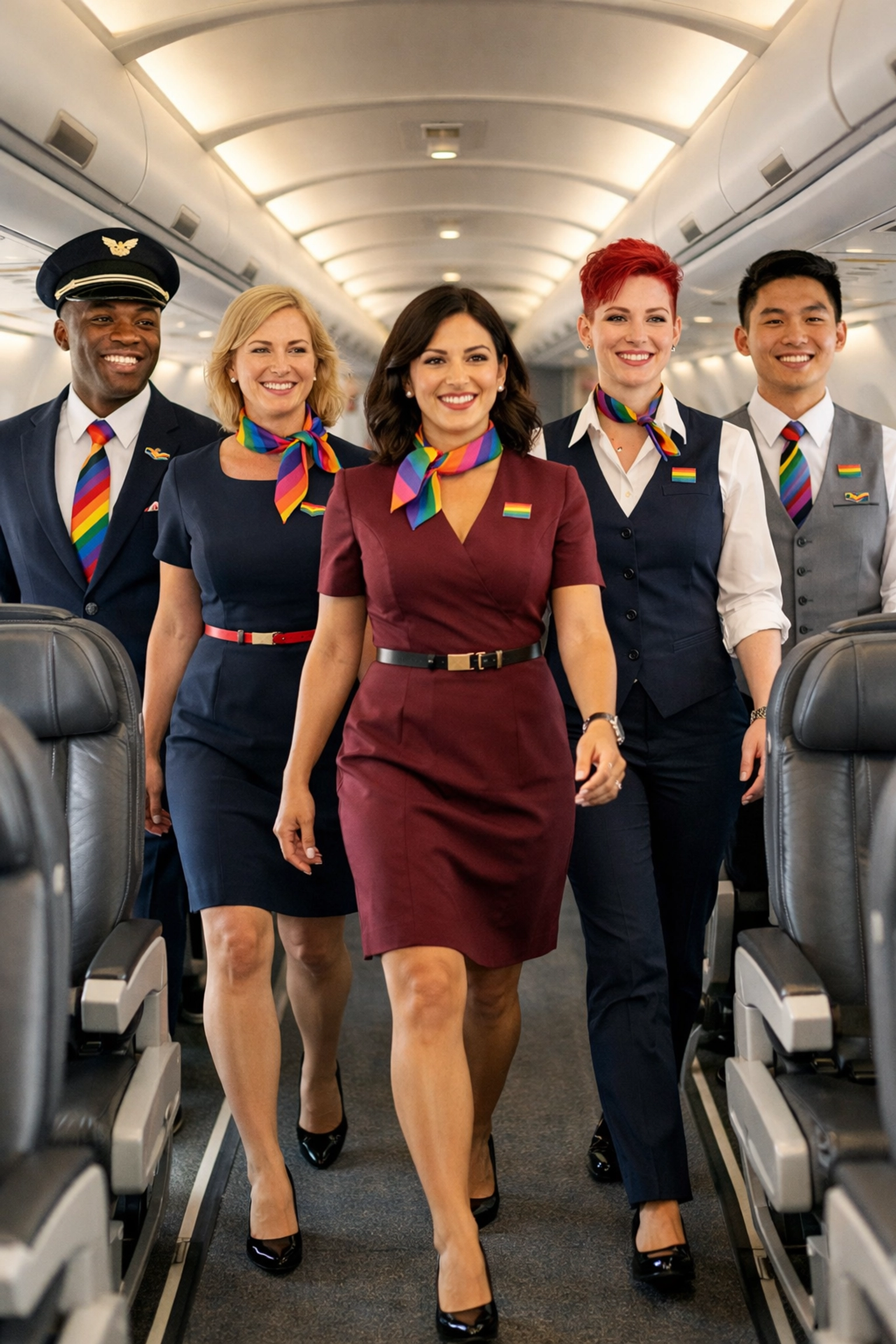 Diverse LGBTQ+ cabin crew walking together in modern airline uniforms showing pride and professionalism