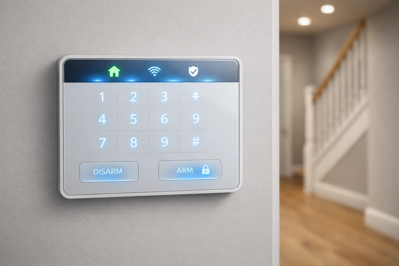 Modern wireless intruder alarm keypad with blue status light in a Portsmouth home hallway.