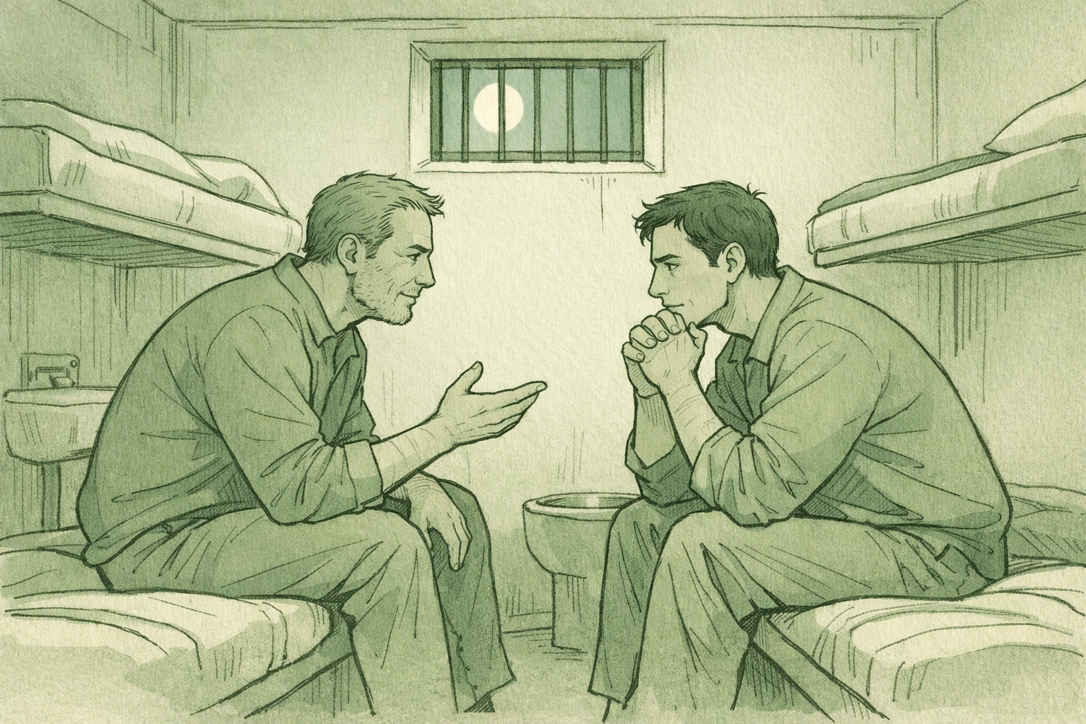 Two men share intimate conversation in prison cell - gay prison romance