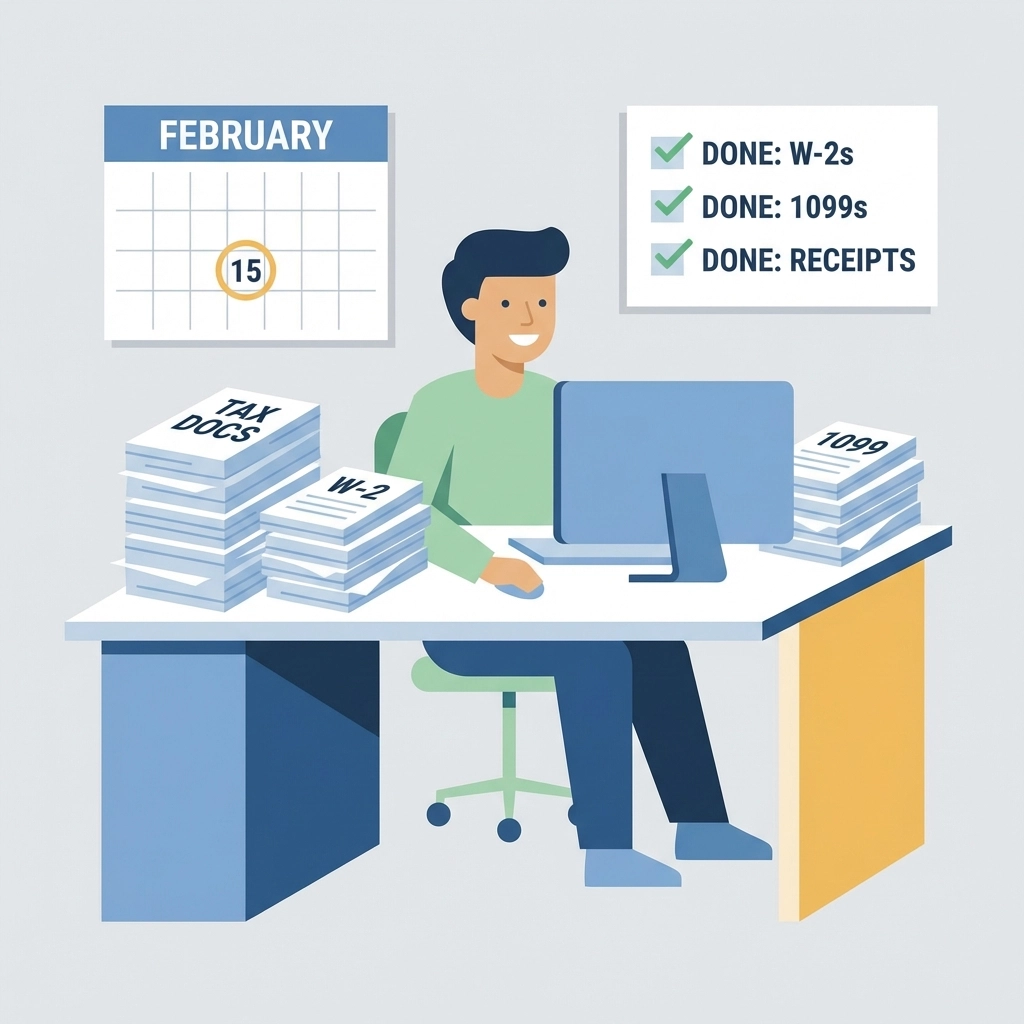 Person organizing tax documents and W-2 forms at a desk for 2026 tax preparation in New Haven