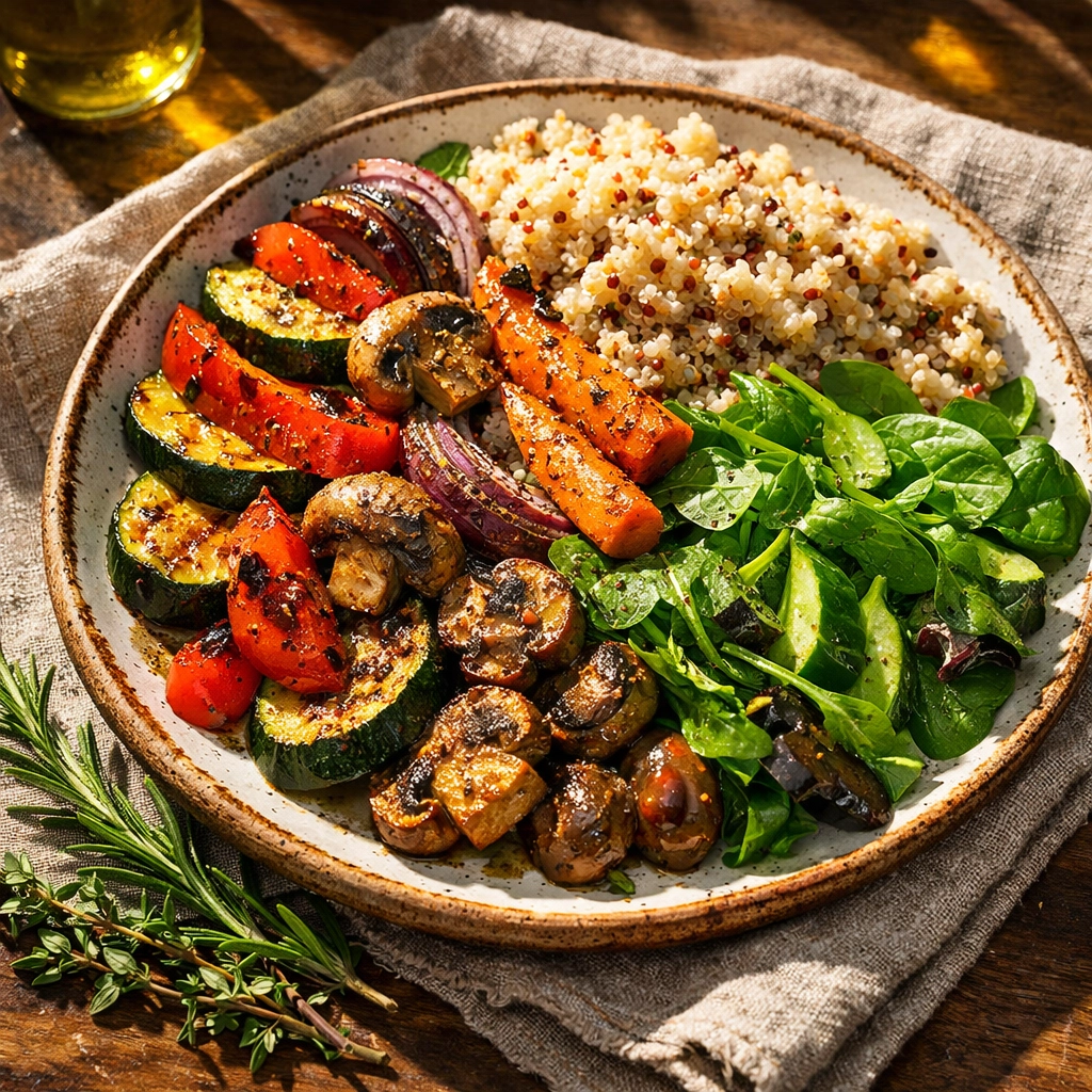 Healthy plated meal with grilled vegetables, quinoa, and fresh herbs seasoned with natural spices