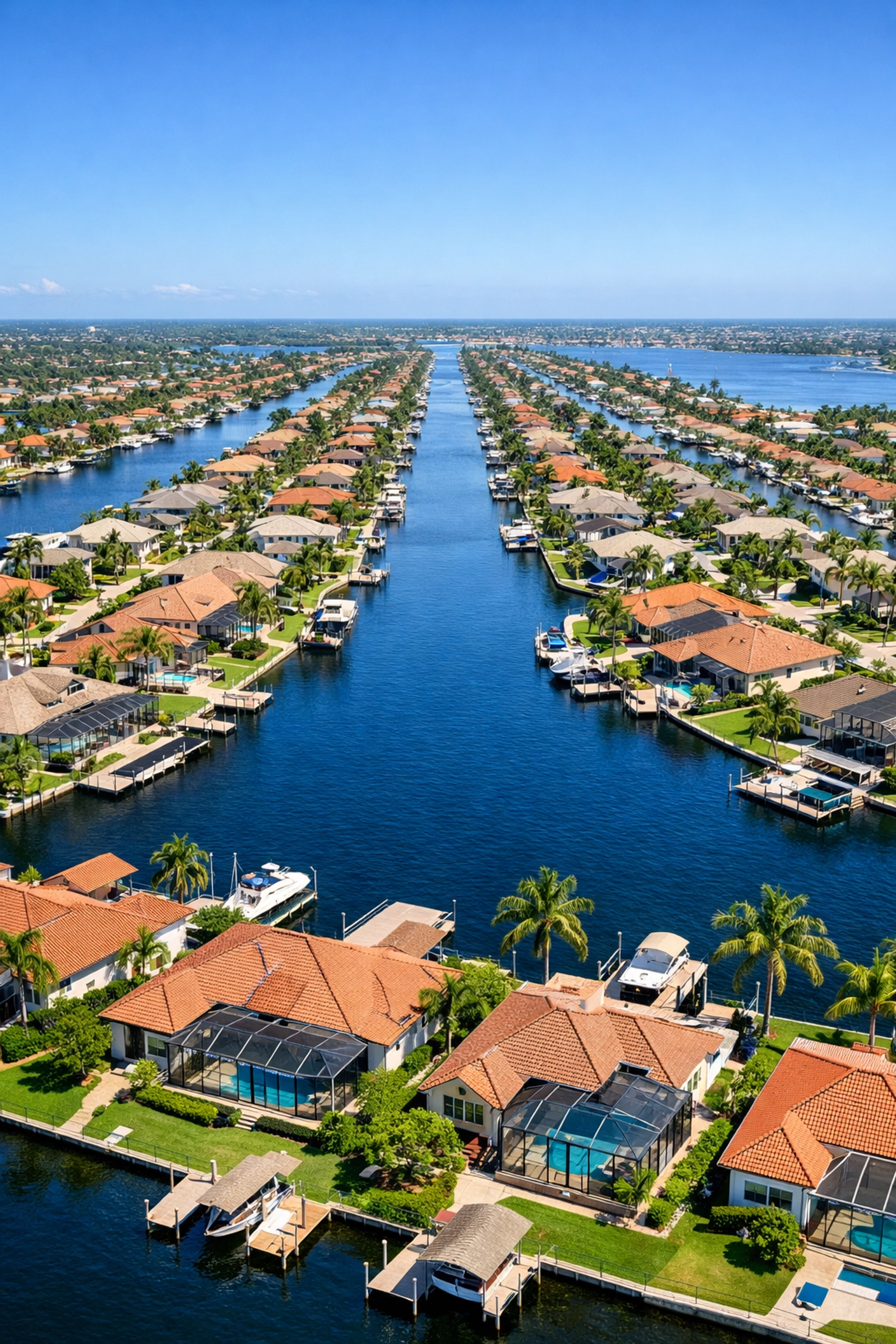 Aerial view of Cape Coral waterfront homes and the expansive canal system in Southwest Florida.