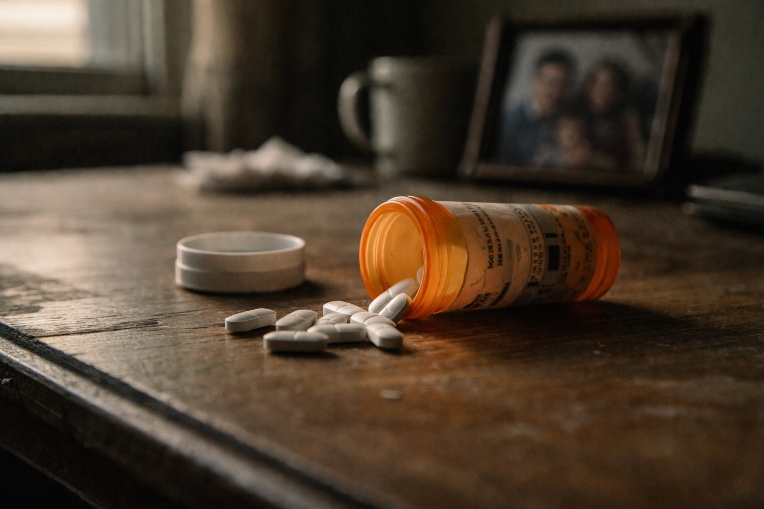 Empty prescription pill bottle with scattered pills on kitchen table representing the opioid crisis toll on families