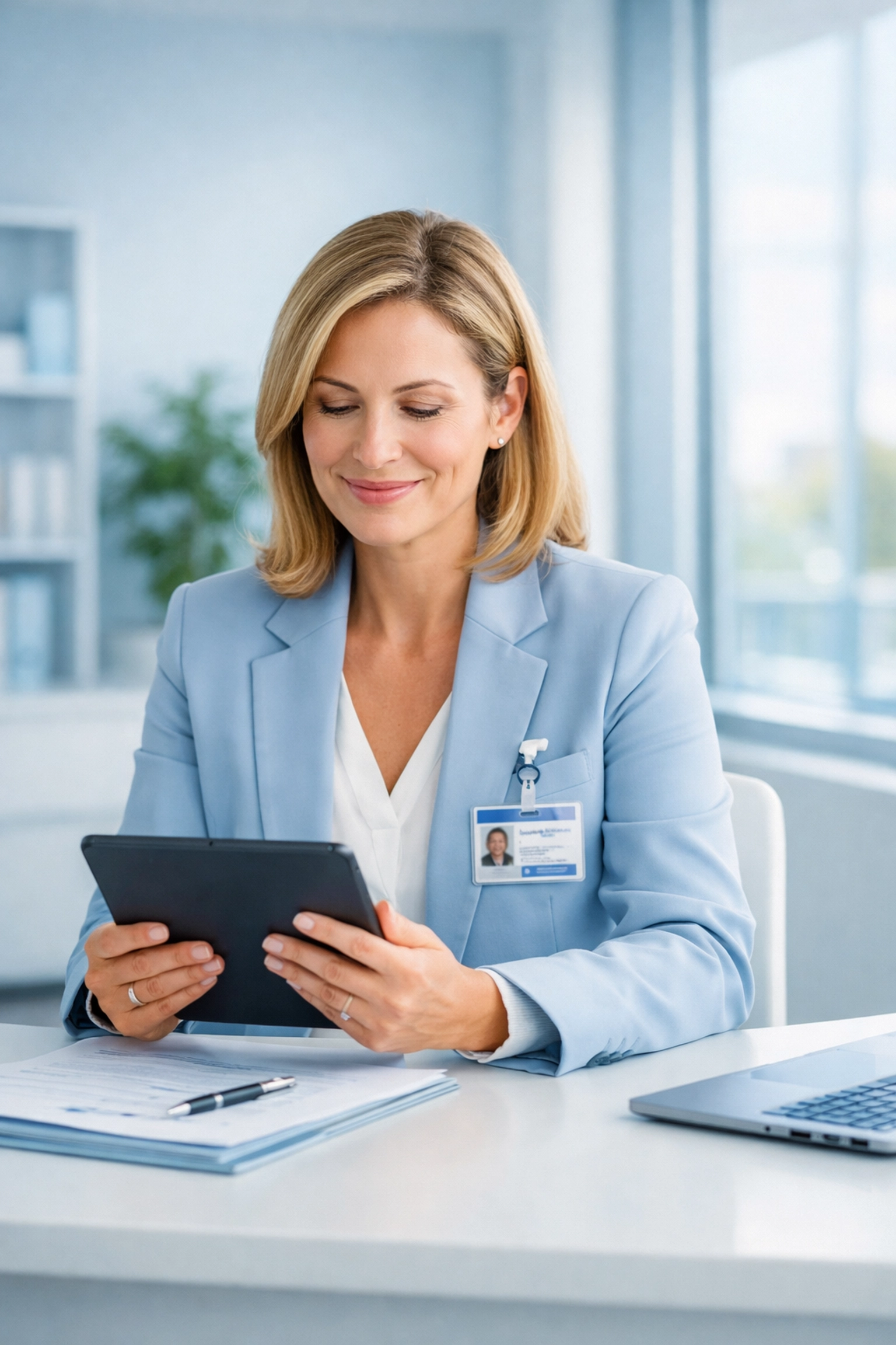 Healthcare administrator confidently reviewing patient documents using secure AI documentation software