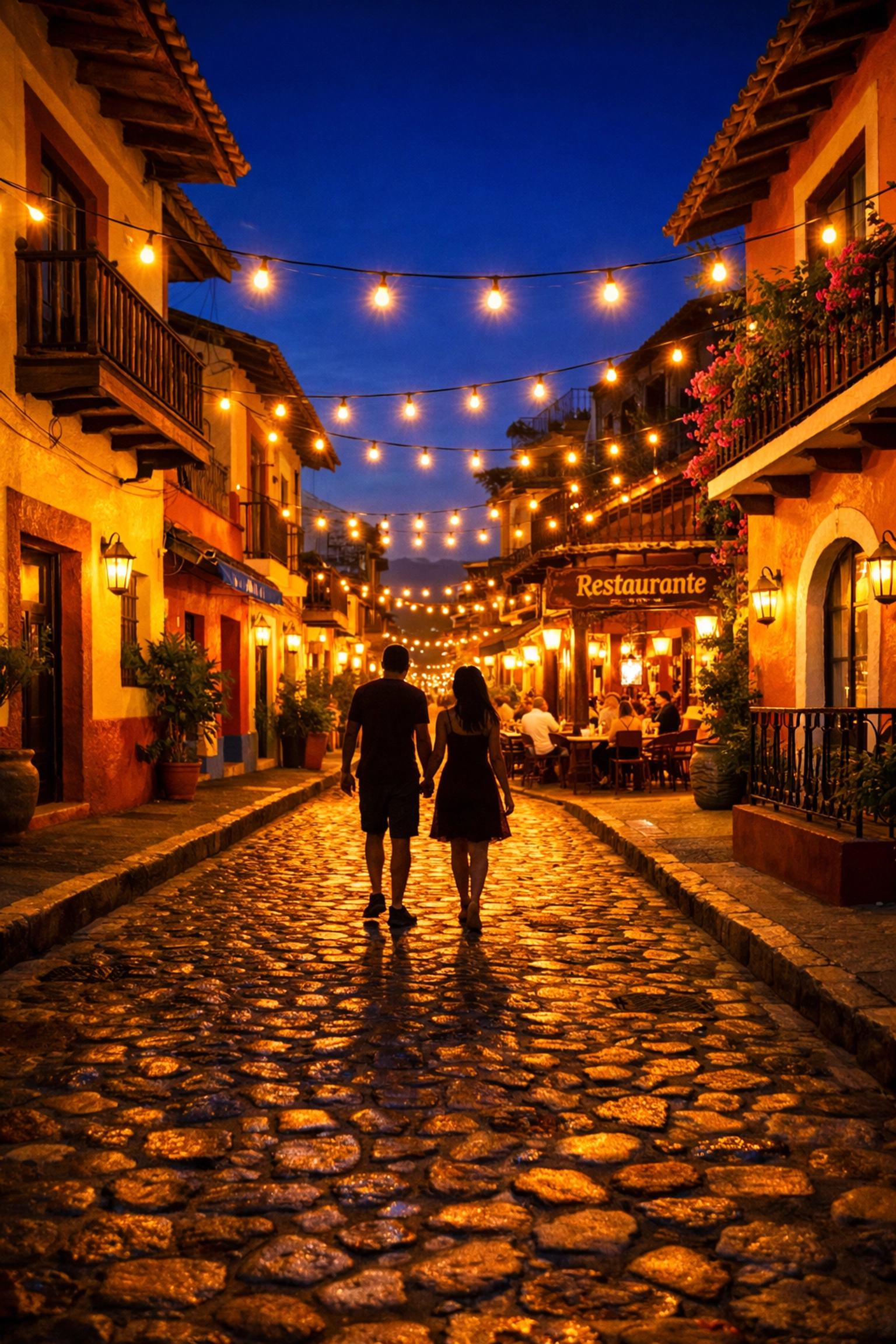 Couple walking cobblestone streets in Puerto Vallarta Old Town at twilight