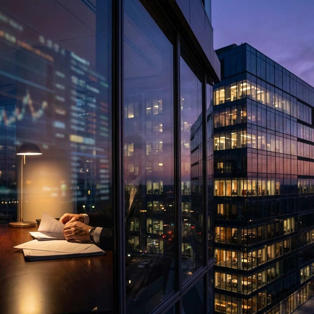 Business professional reviewing private equity and credit opportunities in a modern office at dusk