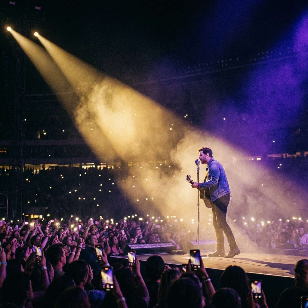 Bruno Mars performing on stage with a sea of fans and glowing phone lights at a sold-out stadium concert