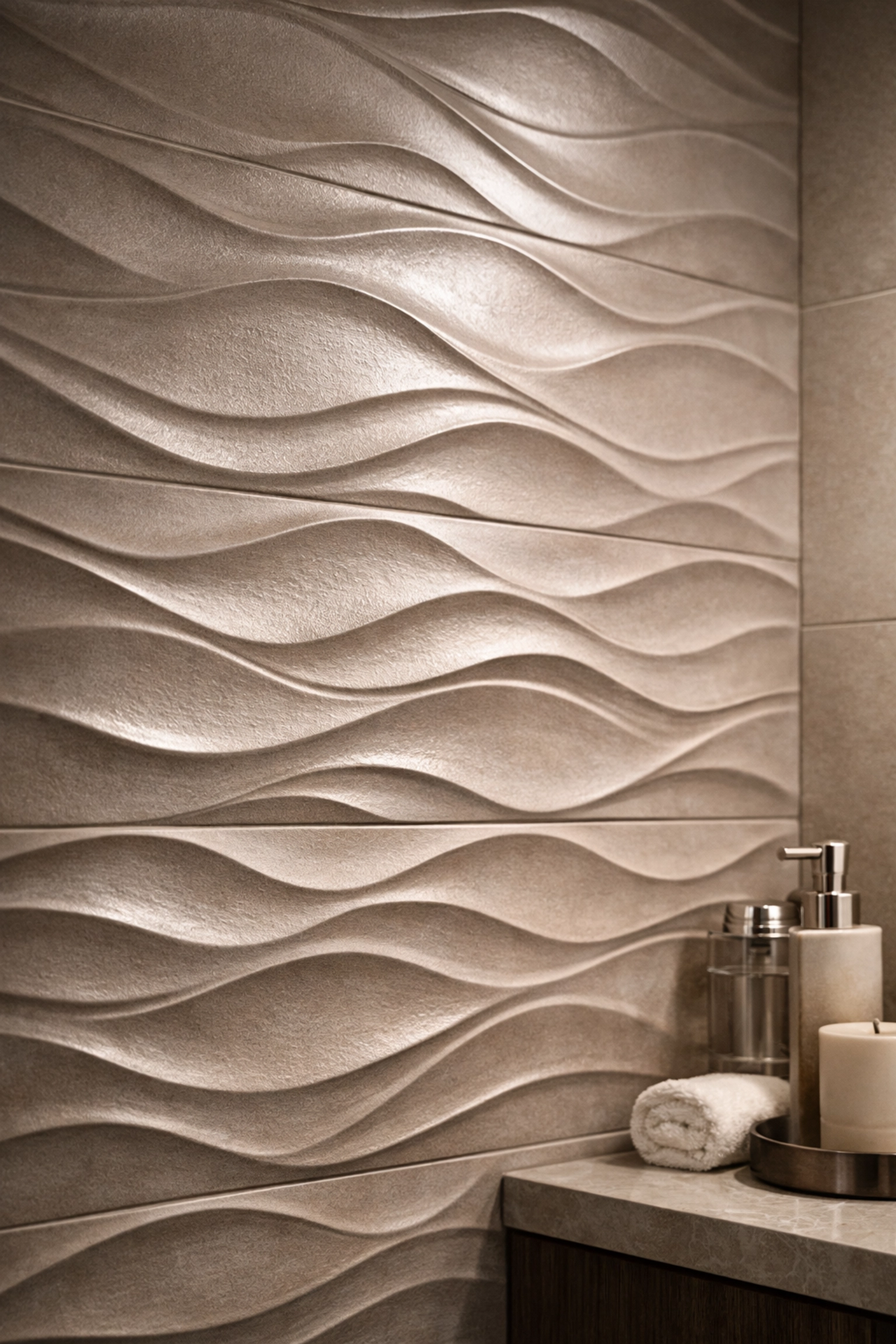 Textured taupe wall tiles with a wave pattern, showcasing expert tile installation in an Orlando bathroom.