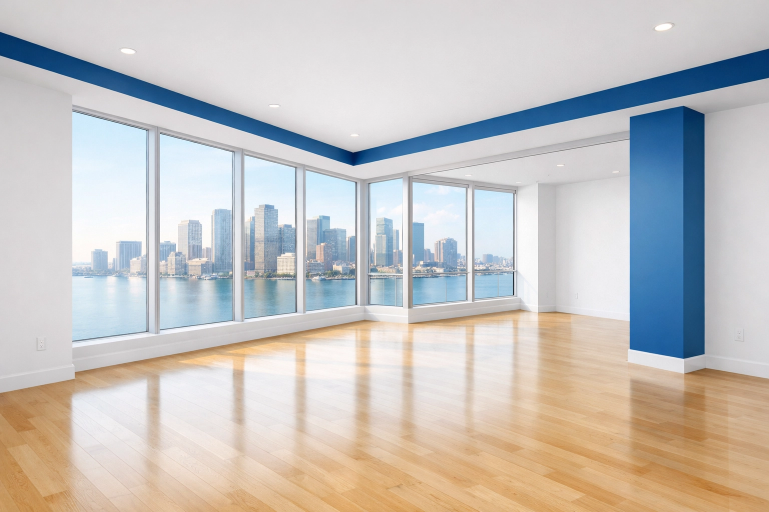Pristine empty luxury Seaport apartment living room ready for move-out inspection in Boston.