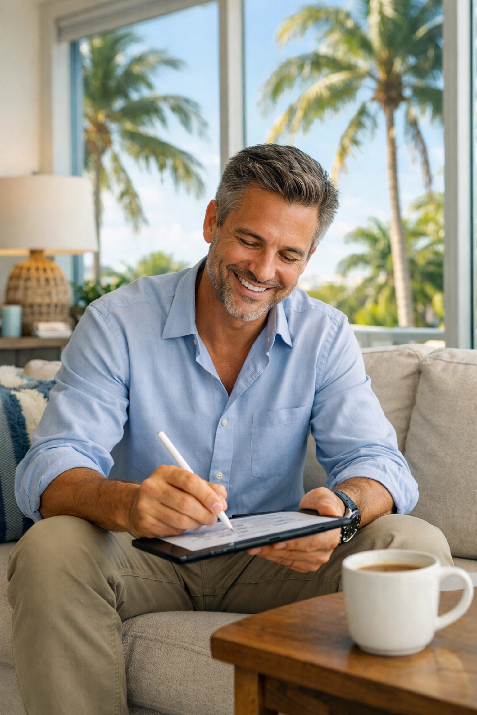 Fort Lauderdale buyer signing eClosing documents on tablet from home sofa