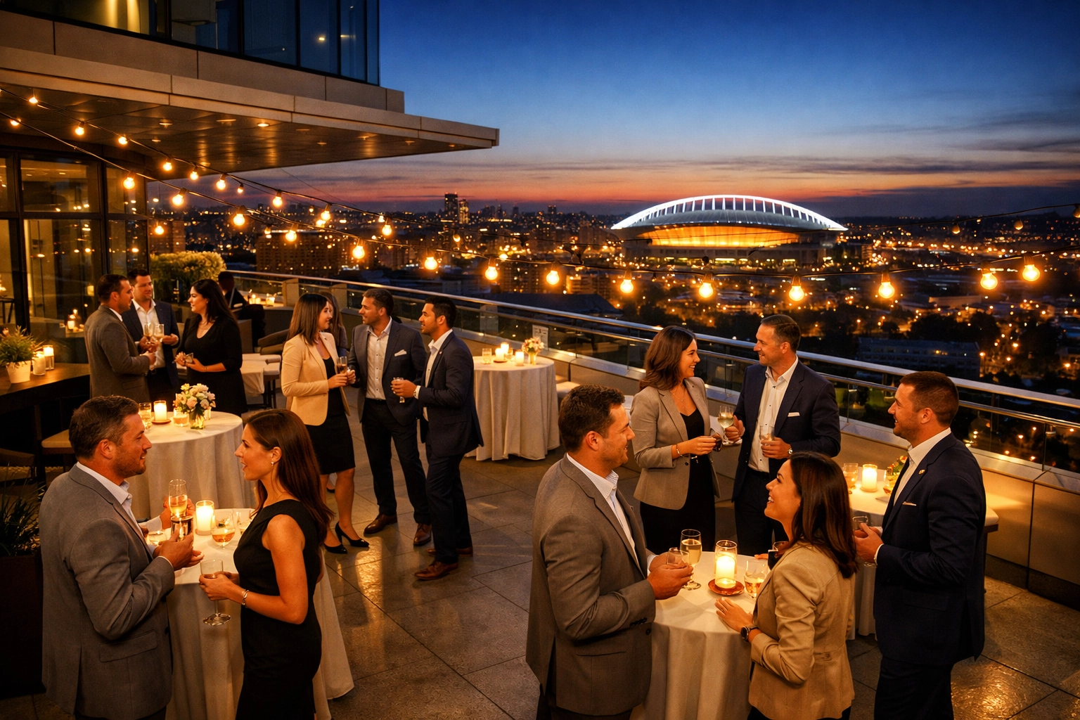 Corporate professionals at an elite rooftop hospitality event for Super Bowl networking.