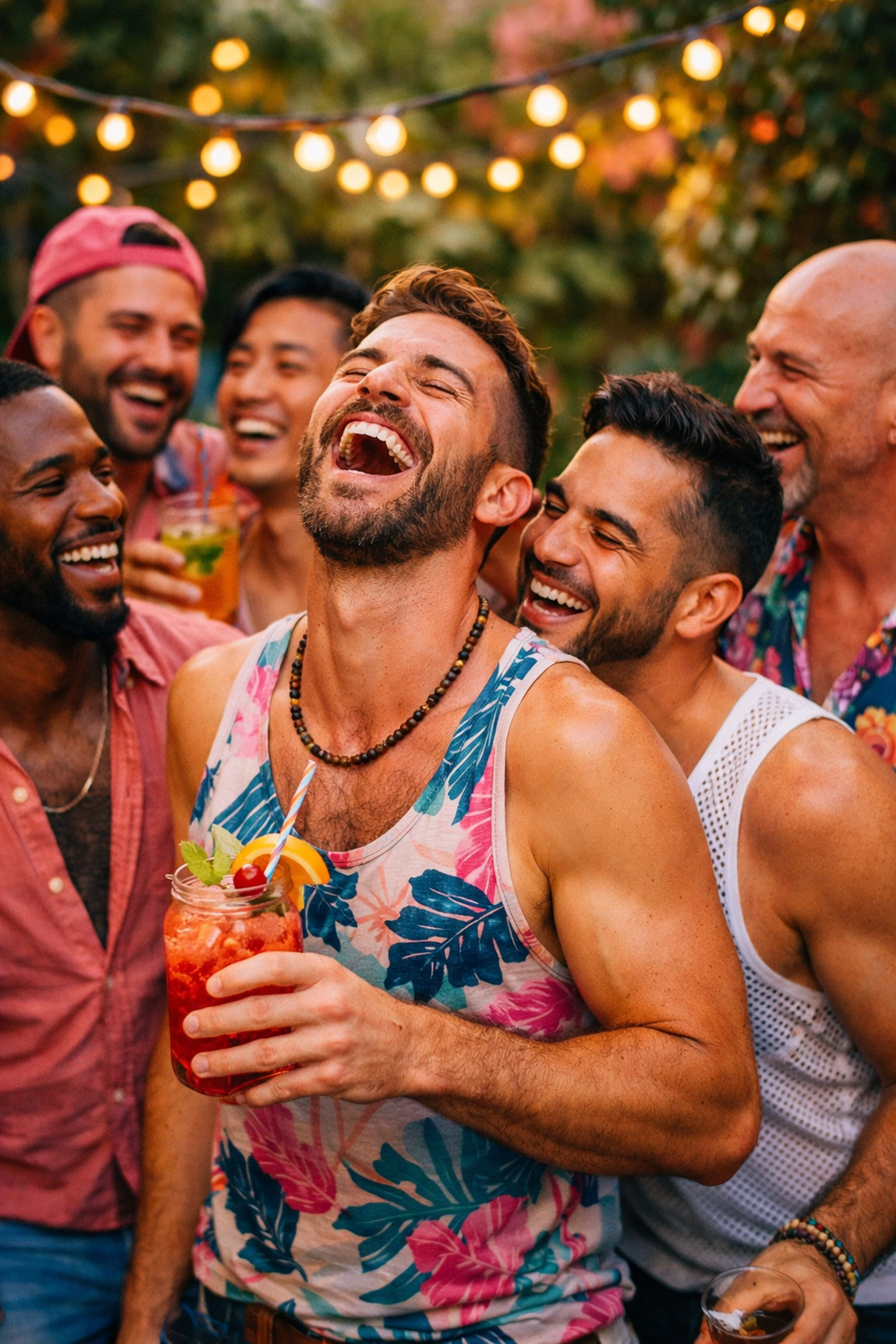 Diverse group of gay and bisexual men laughing at a party, showcasing LGBTQ+ joy and resilience.
