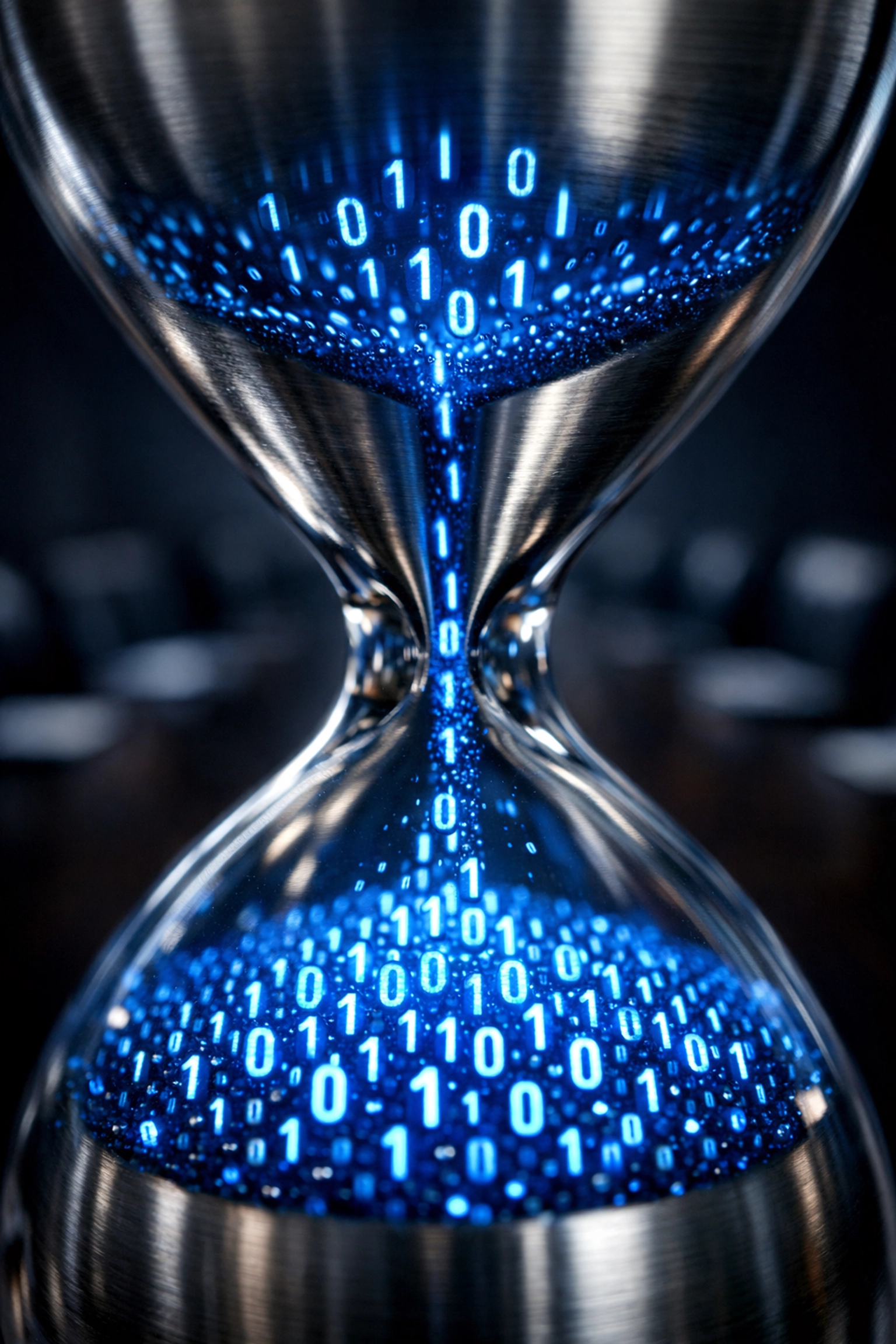 An hourglass with digital code sand representing the urgent deadline for business data protection.
