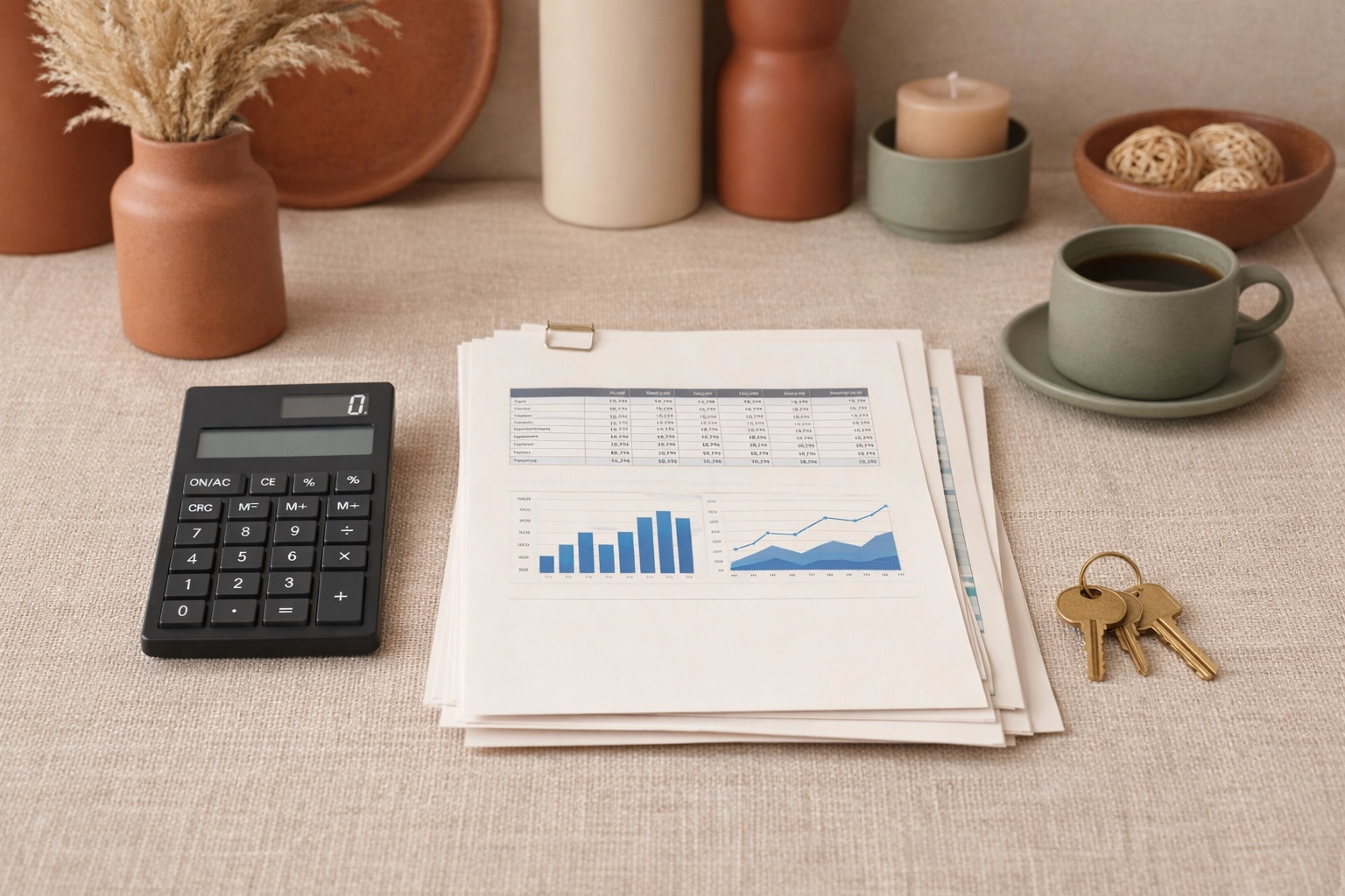 Calculator, financial worksheets, house keys, and legal paperwork for planning spousal support in Virginia.