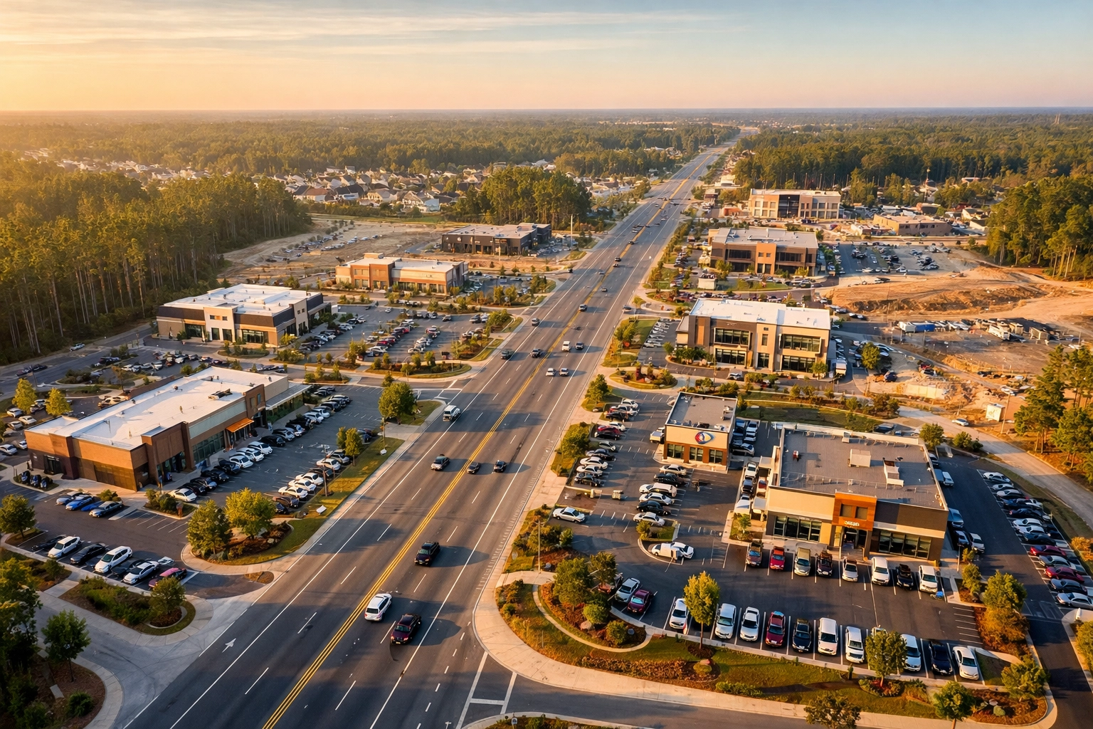 Commercial development corridor in Wilmington NC showing retail centers and medical offices