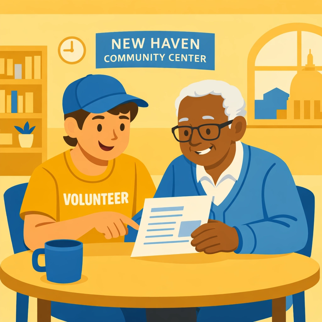 A volunteer assisting a New Haven resident with free tax preparation at a community VITA site.