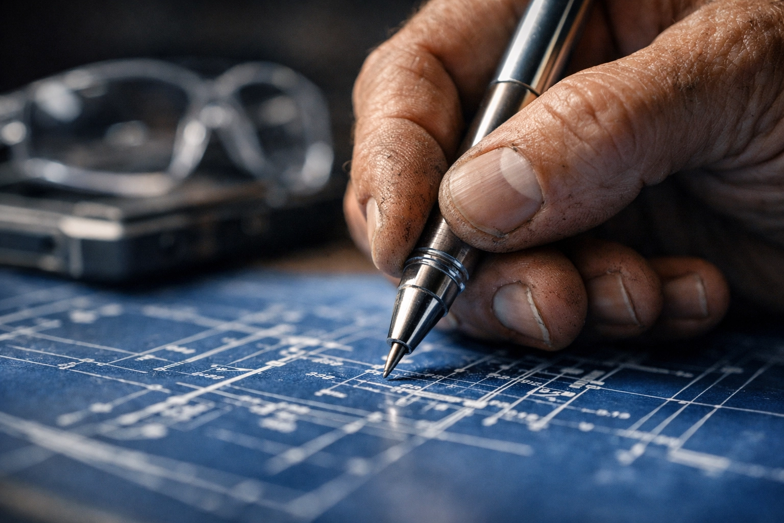 Close-up of a contractor reviewing blueprints, symbolizing professional liability and E&O insurance for CT businesses.