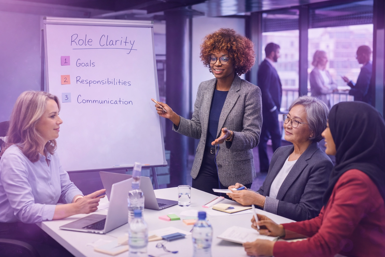 Diverse women of color team collaborating in a modern office with a woman leader facilitating role clarity, natural lighting and subtle purple tones