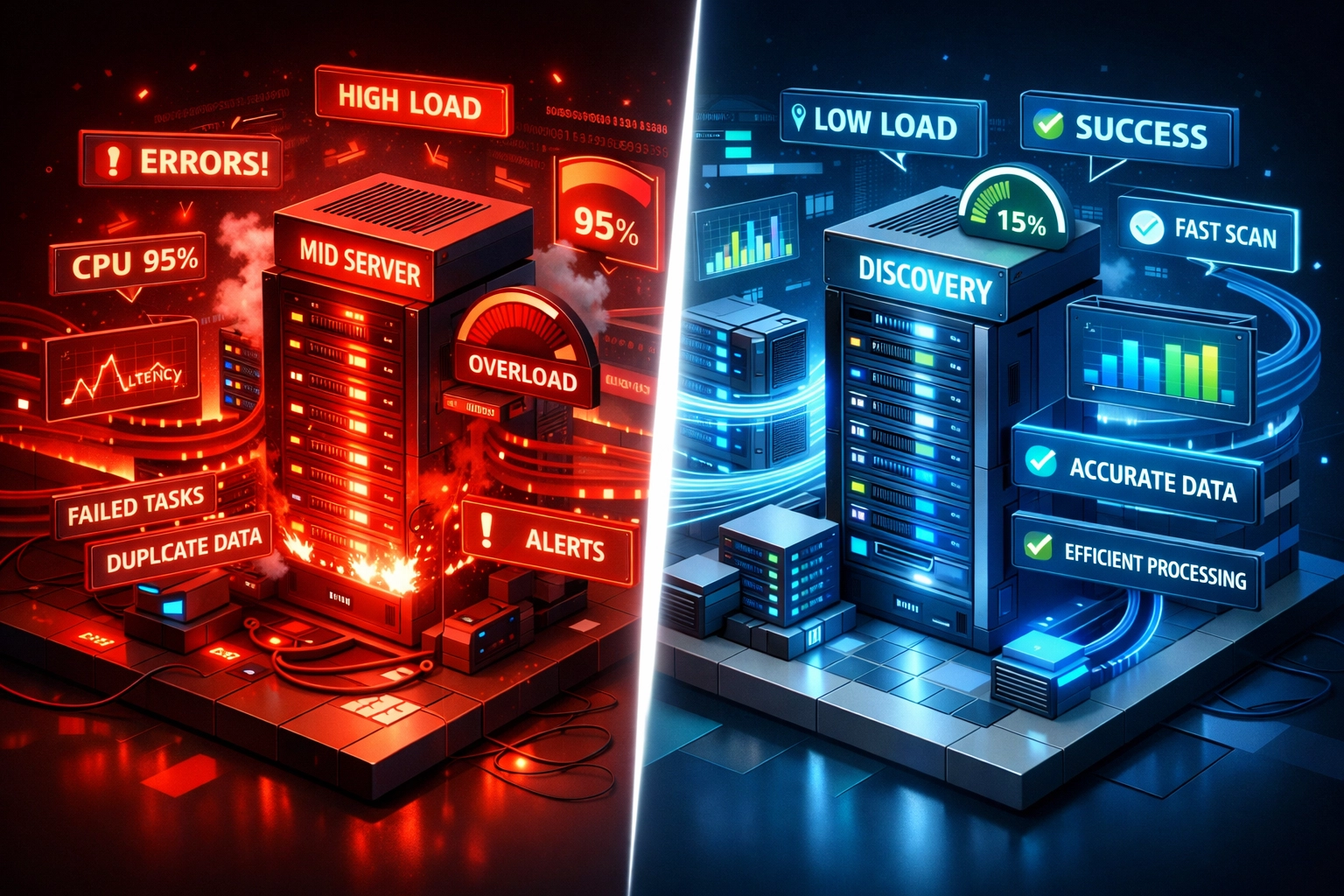 Overloaded versus optimized ServiceNow discovery performance showing MID Server resource usage