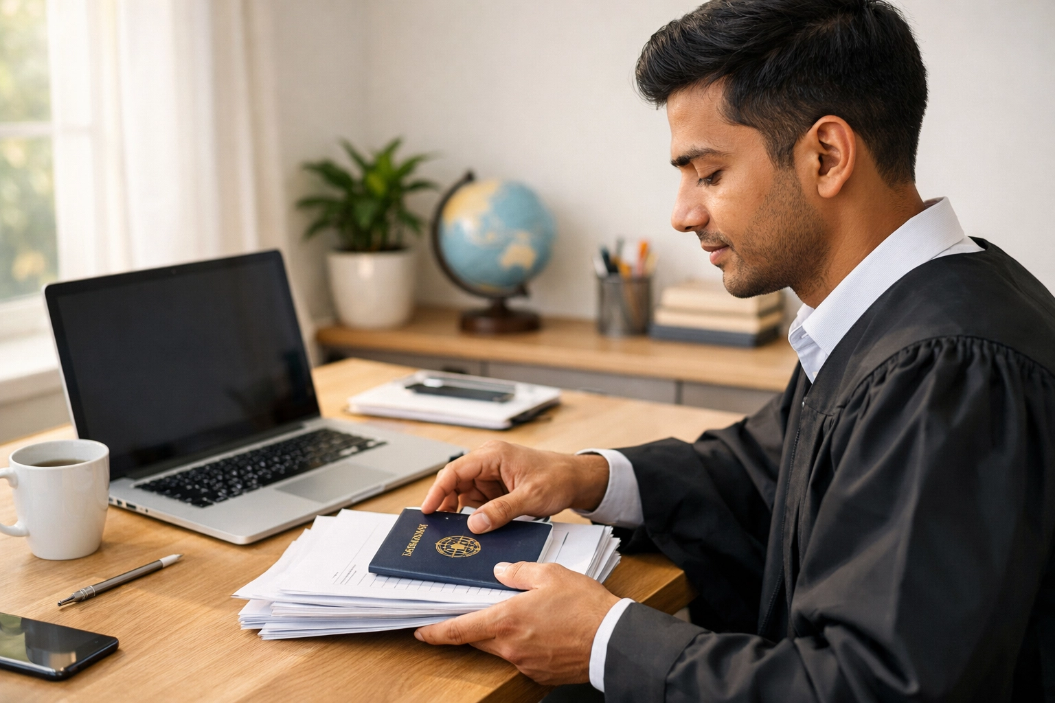 An international graduate organizes documents and a passport for their TR to PR application.