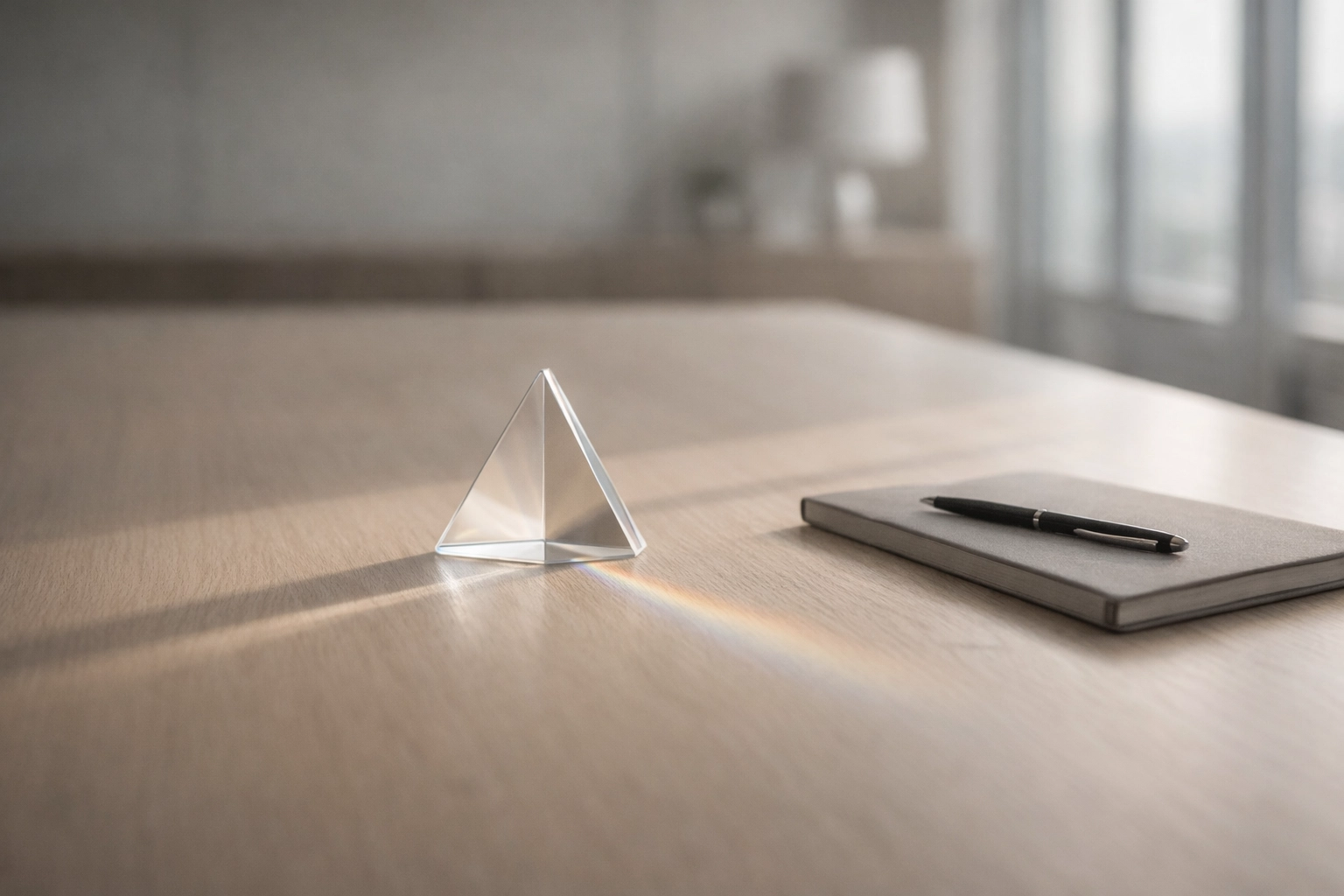 Light refracting through a prism on an oak table, illustrating strategic guidance and precision in marketing.