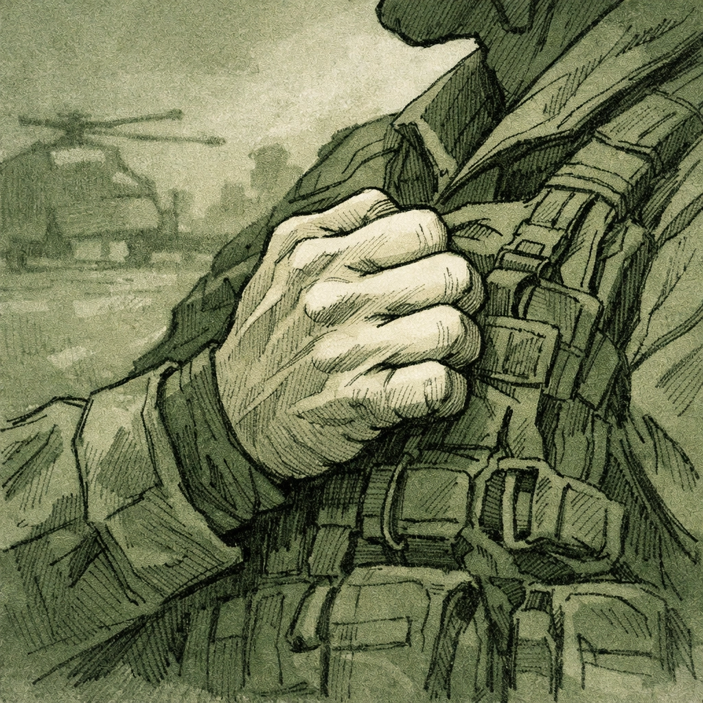 Soldier gripping battle buddy's vest showing trust and connection in MM infantry romance