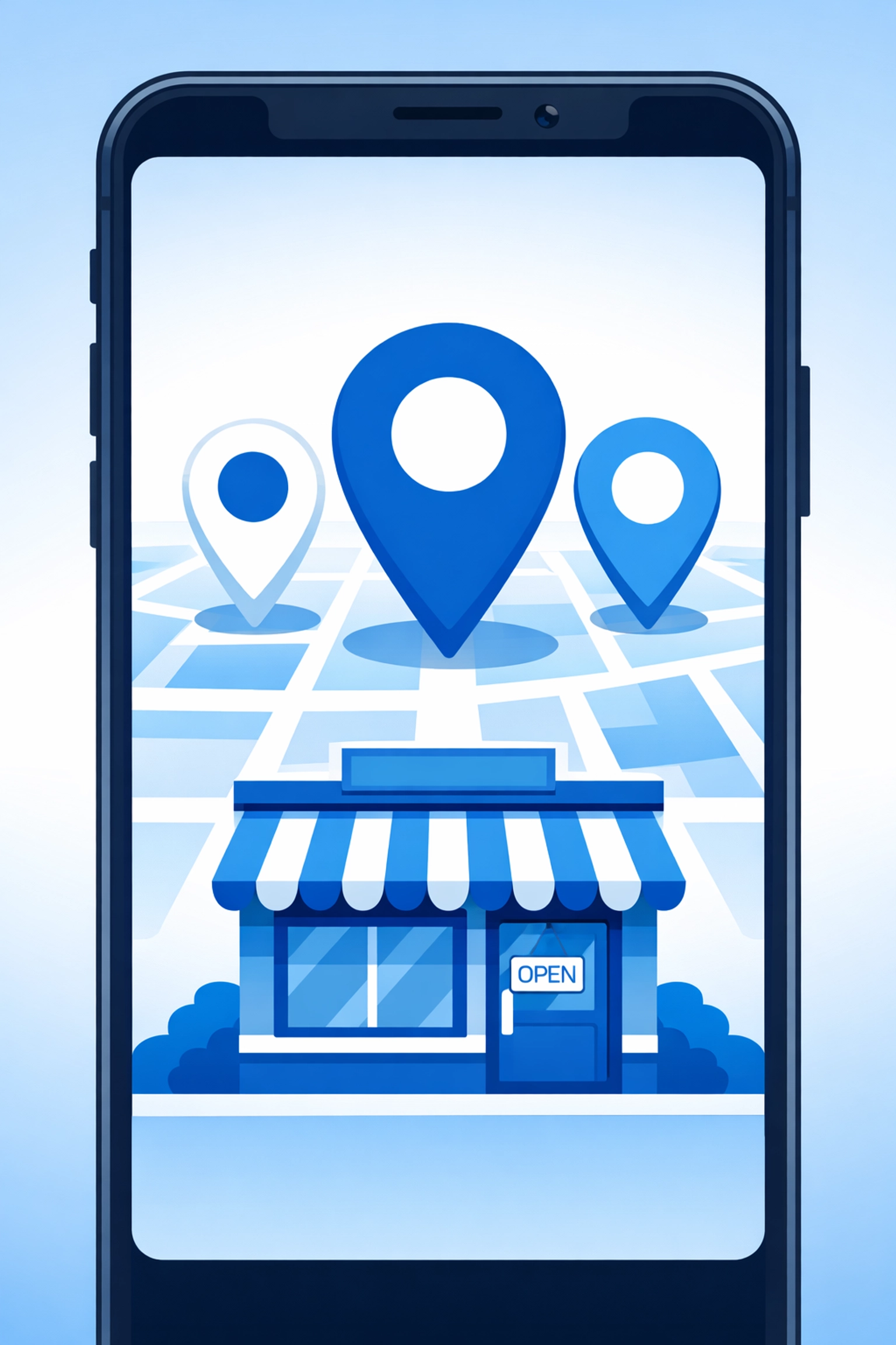 Local SEO map showing business location pins and nearby search results on mobile device