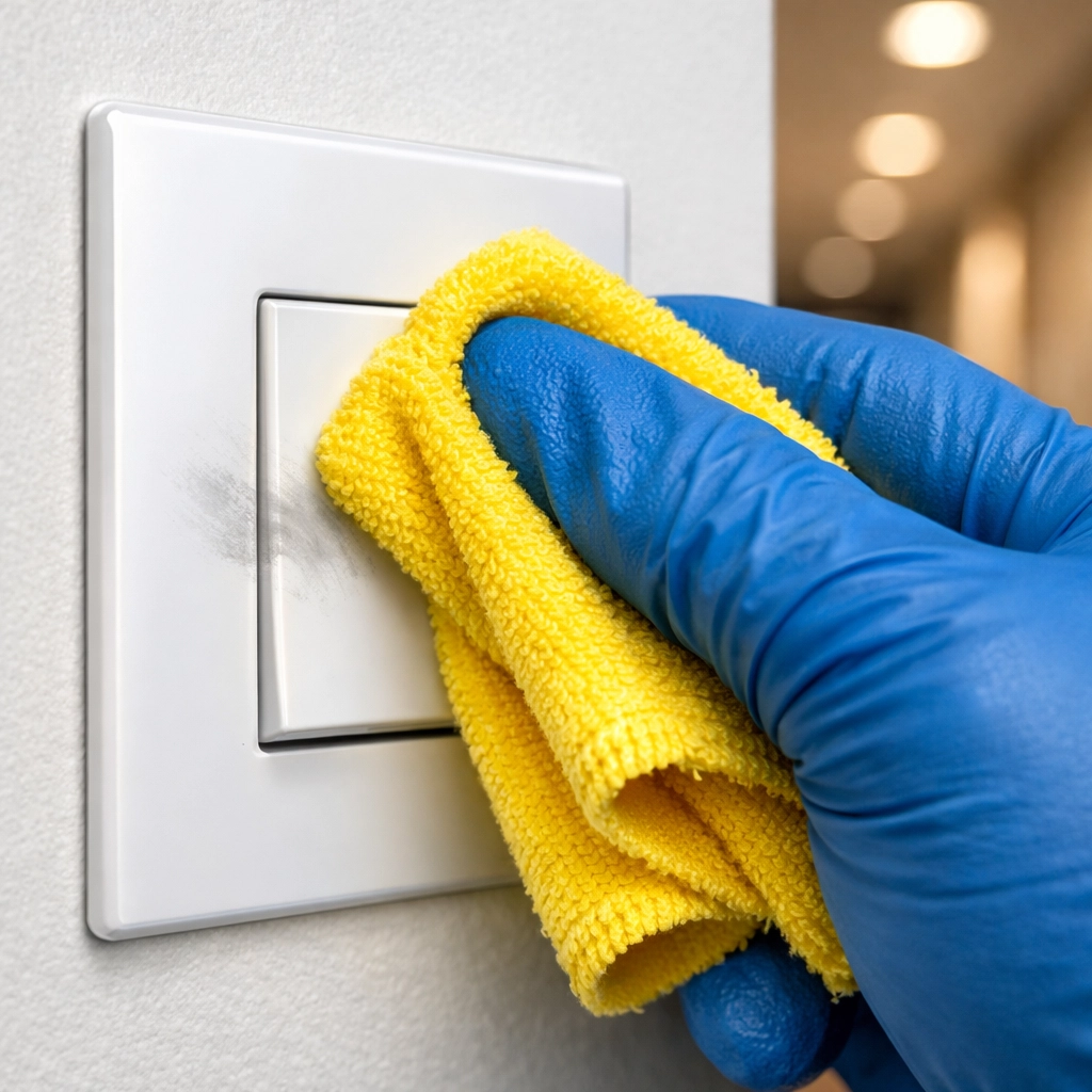 Detailed cleaning of a light switch plate as part of a professional move-out cleaning in Massachusetts.