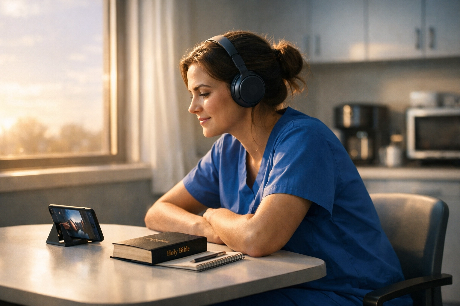 A nurse attending an online church service on her smartphone in a hospital breakroom.