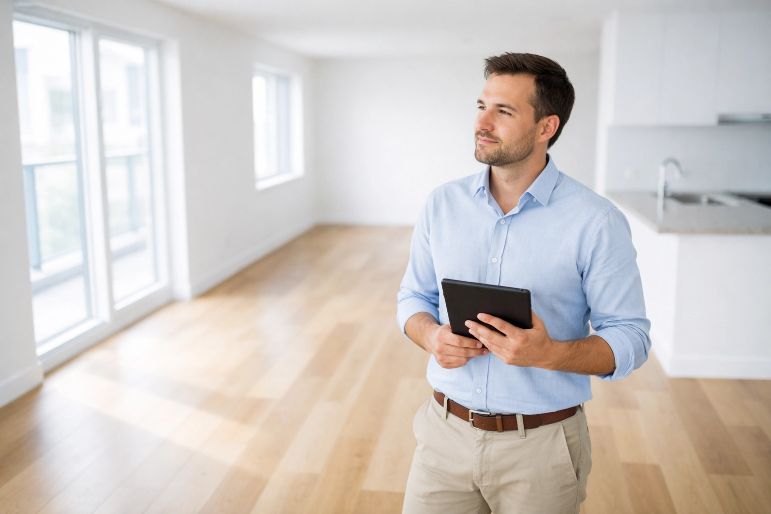Property manager inspecting empty apartment unit with tablet for faster turnover