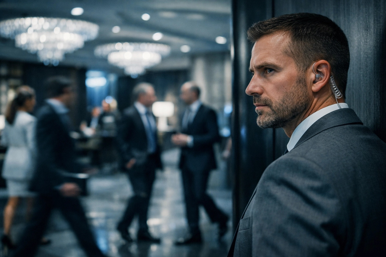 A professional security expert providing discrete VIP protection for corporate executives during Super Bowl week events.