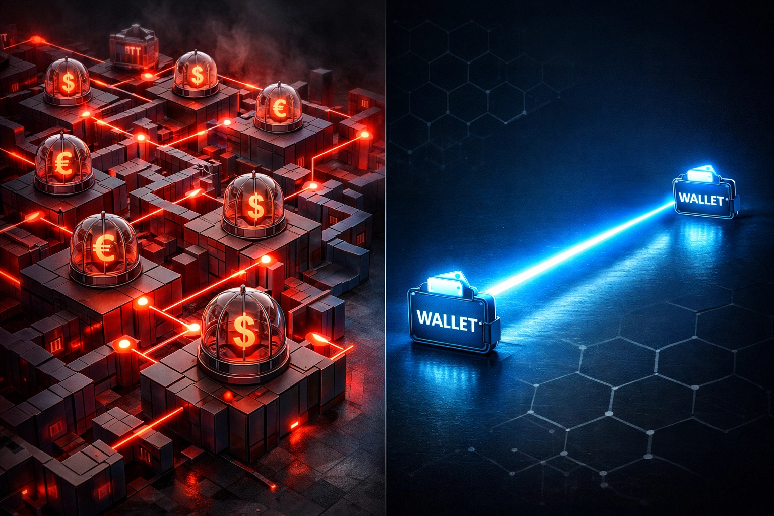 Direct peer-to-peer crypto payment pathway versus complex traditional intermediary network for merchants