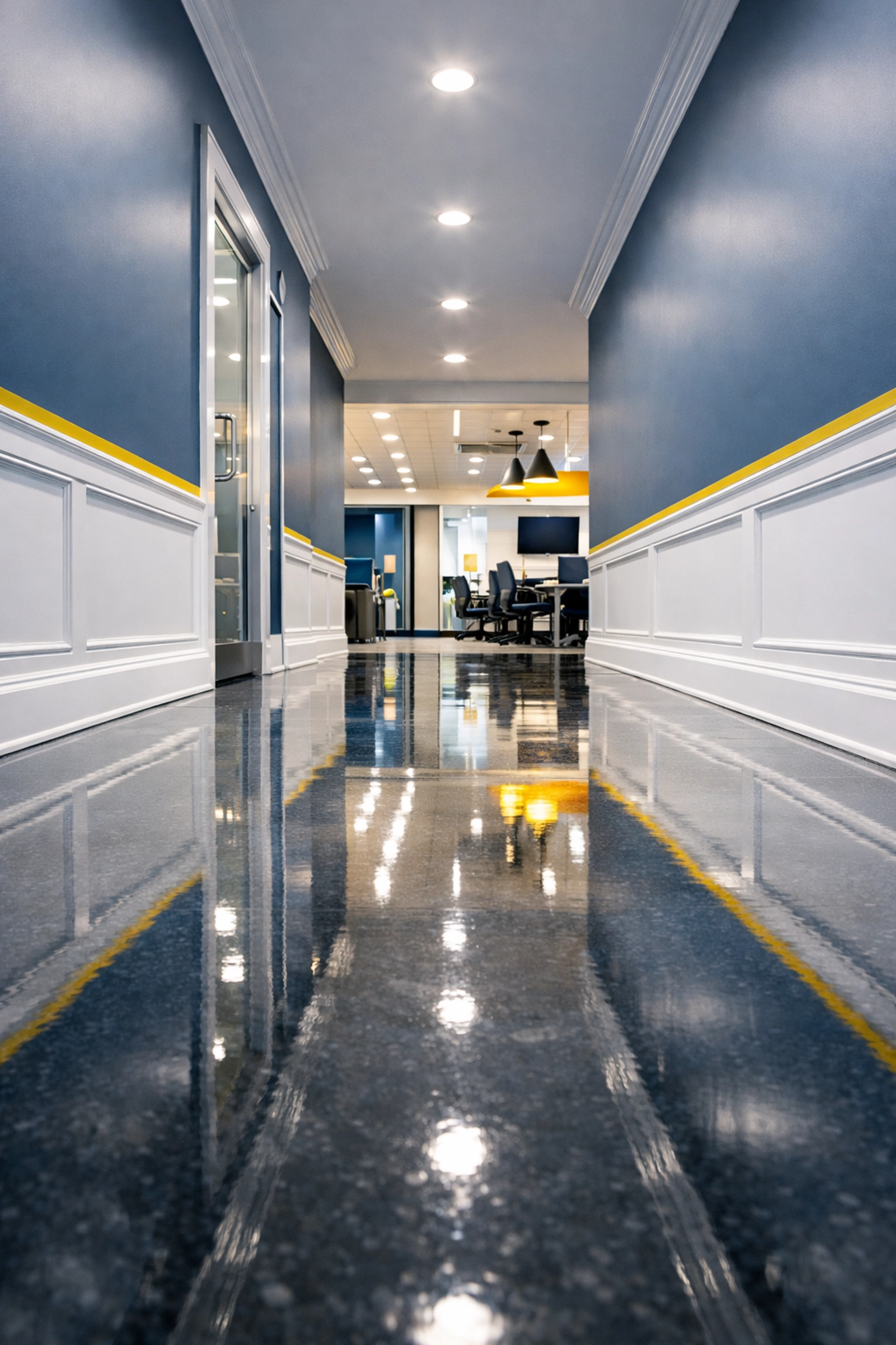 Professional hard floor cleaning for Acton businesses: a sparkling hallway with polished, mirror-like floors.