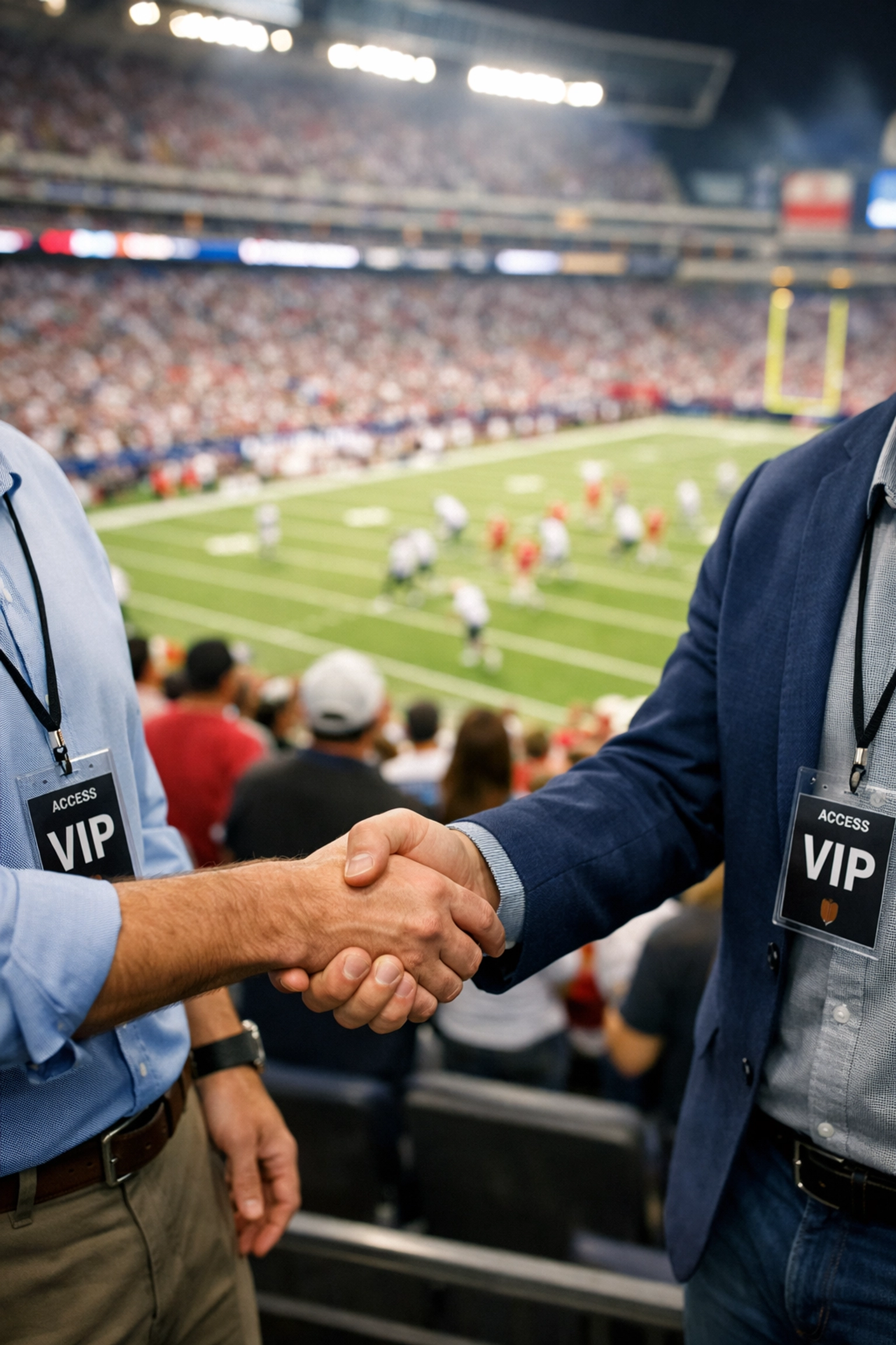 Business professionals closing deal with handshake at Super Bowl VIP networking event