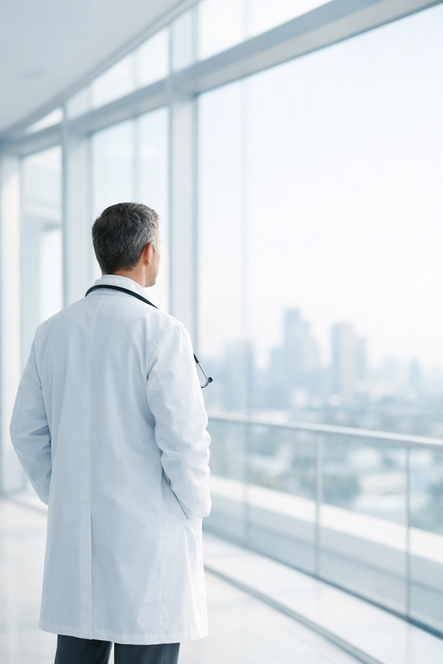 A photographic shot of a doctor in professional attire standing in a bright, modern architectural space with large windows. They are looking towards a city view, symbolizing future planning and growth. The composition is minimalistic with soft-focus, using neutral tones and cool blue accents to create a professional, trustworthy, and serene atmosphere.