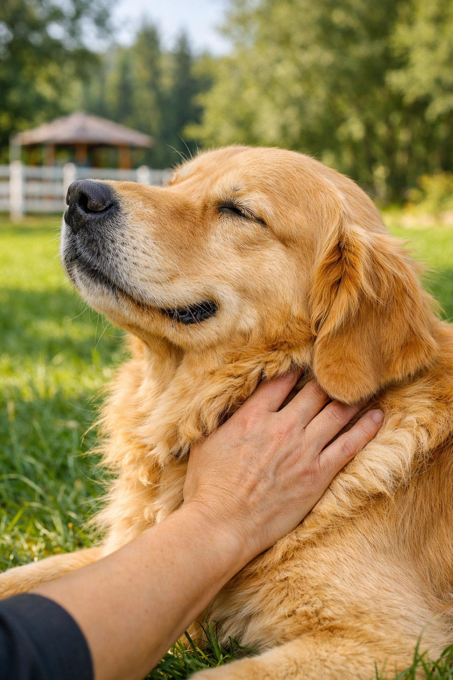 Golden Retriever receiving a holistic relaxation massage at Green Acres K-9 Resort in Boring, Oregon.