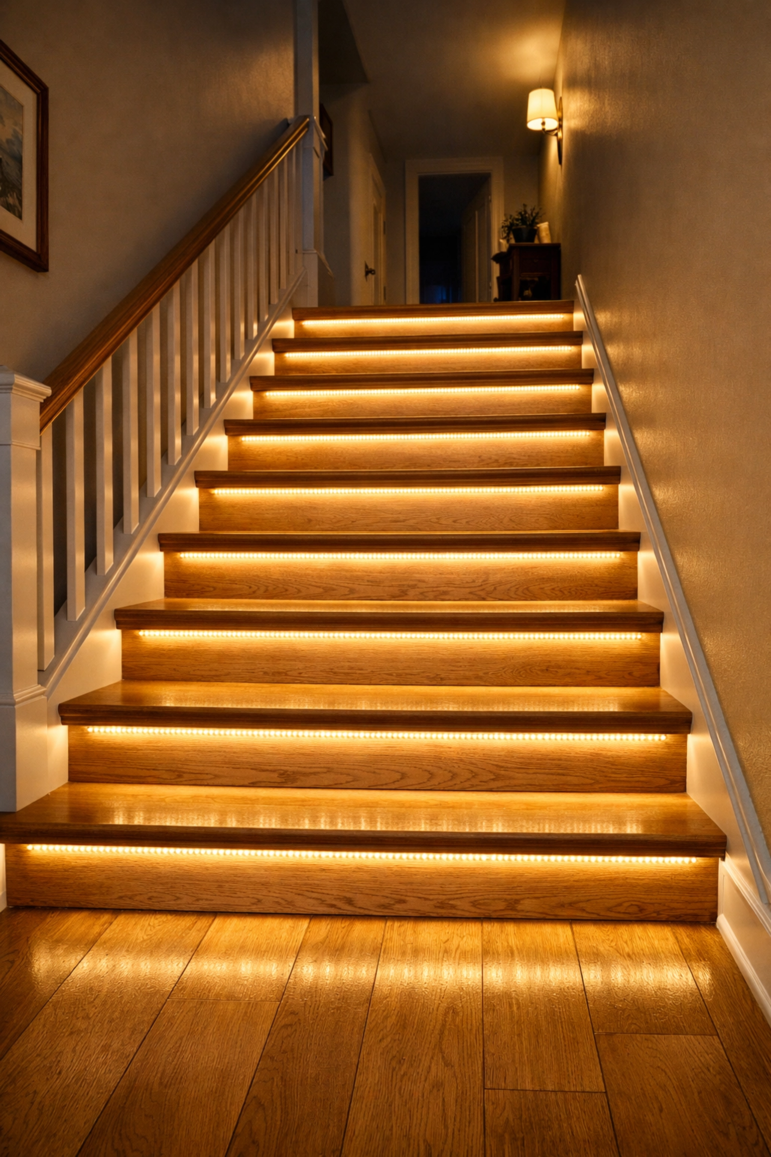 Motion-activated LED strip lighting on a wooden staircase for better visibility and safety at night.