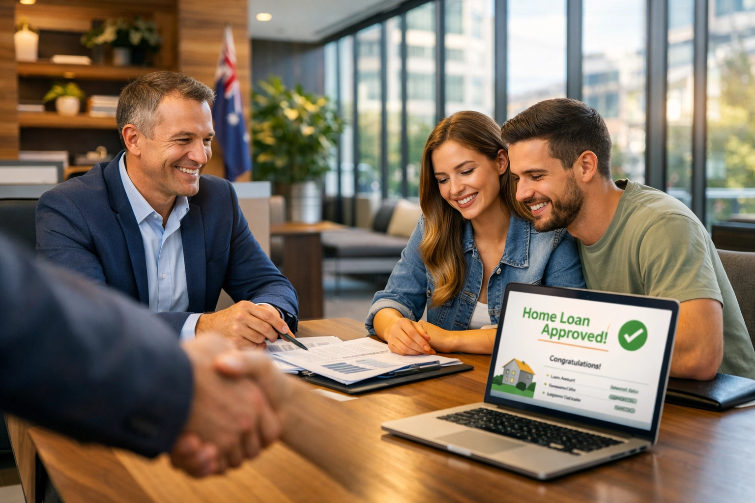 Couple reviewing modular home financing options with mortgage broker at Australian bank