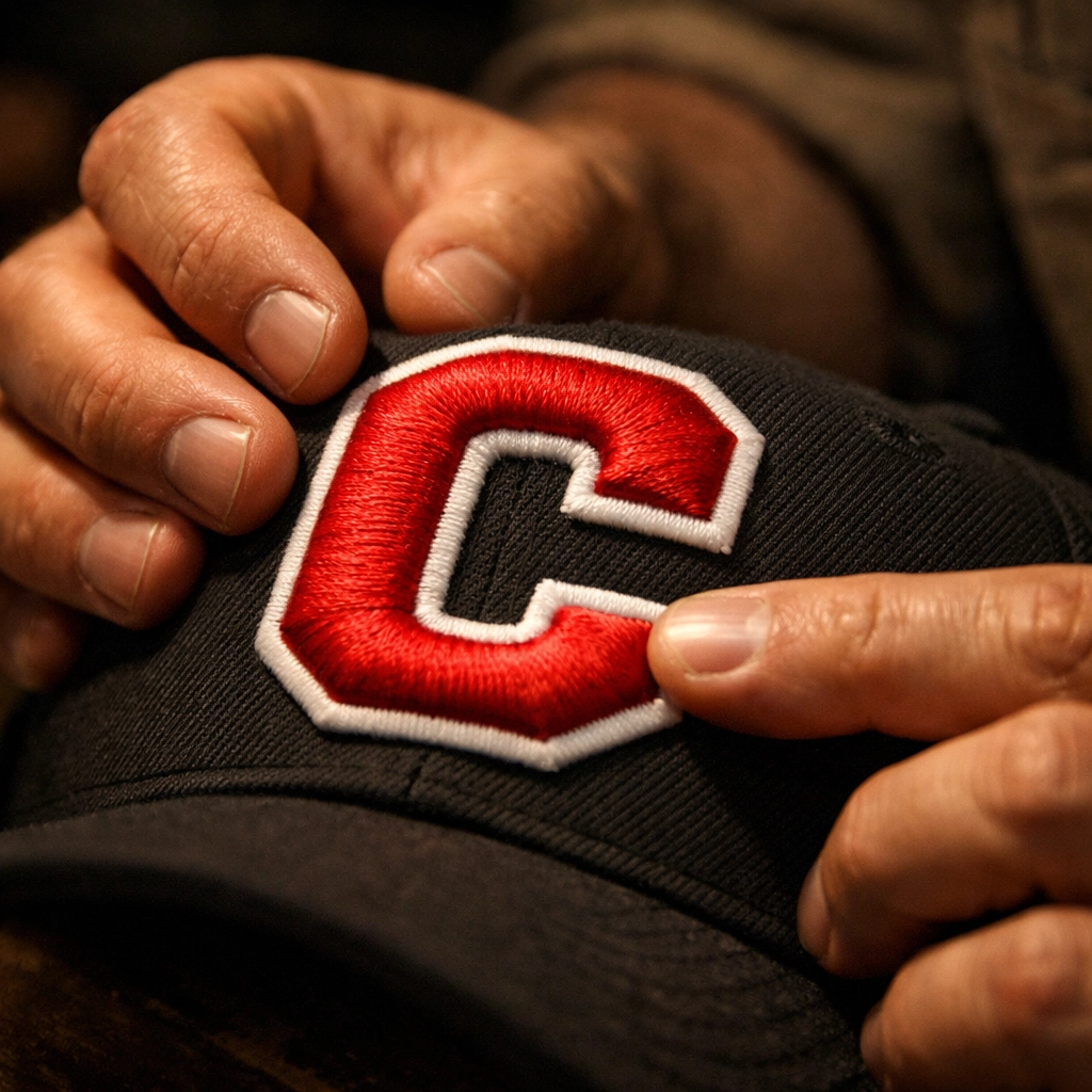 Quality inspection of detailed 3D puff embroidery for unique personalized corporate gifts.