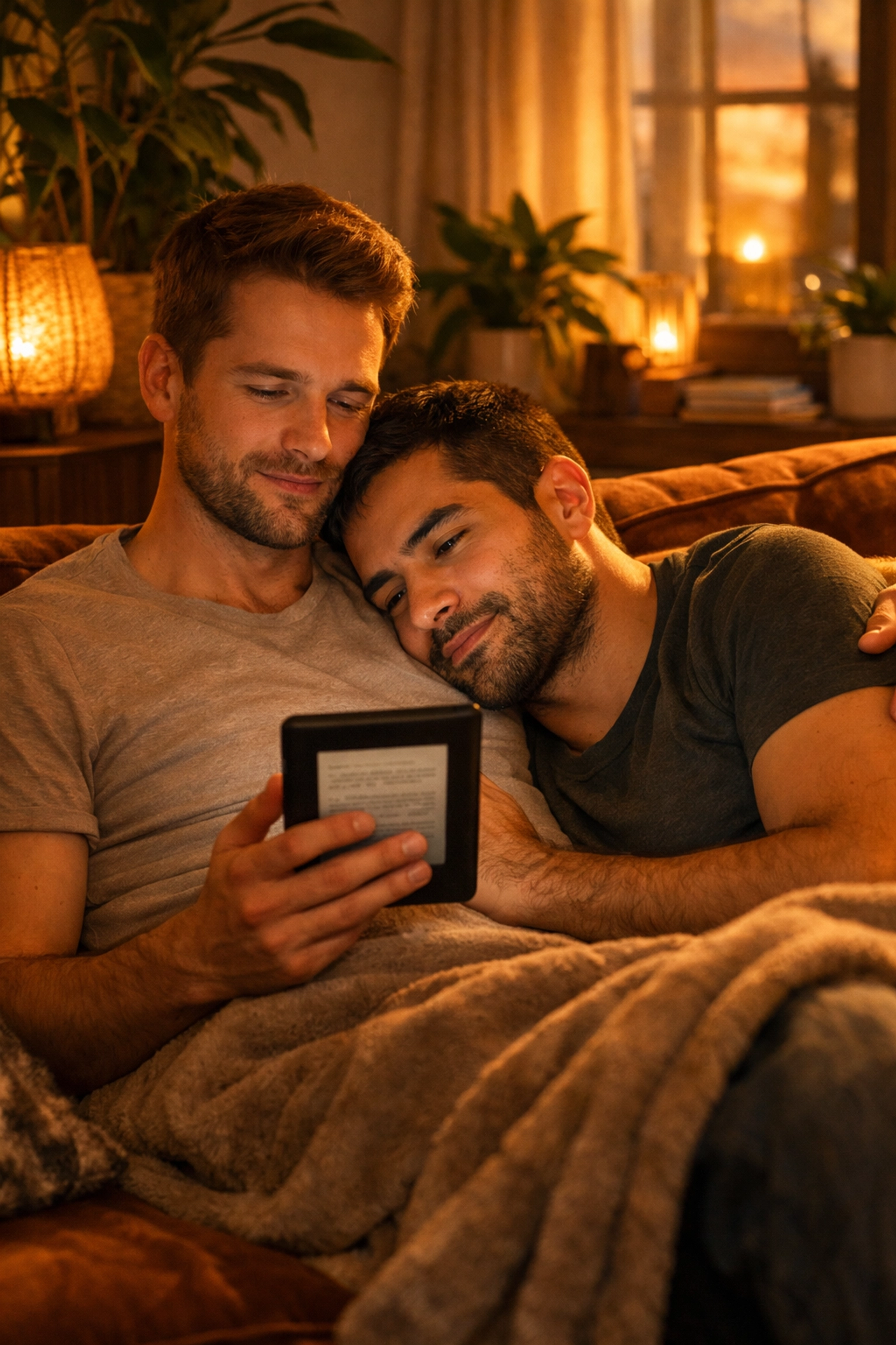 Two men sharing a quiet, intimate moment reading MM romance books on an e-reader in a cozy home.