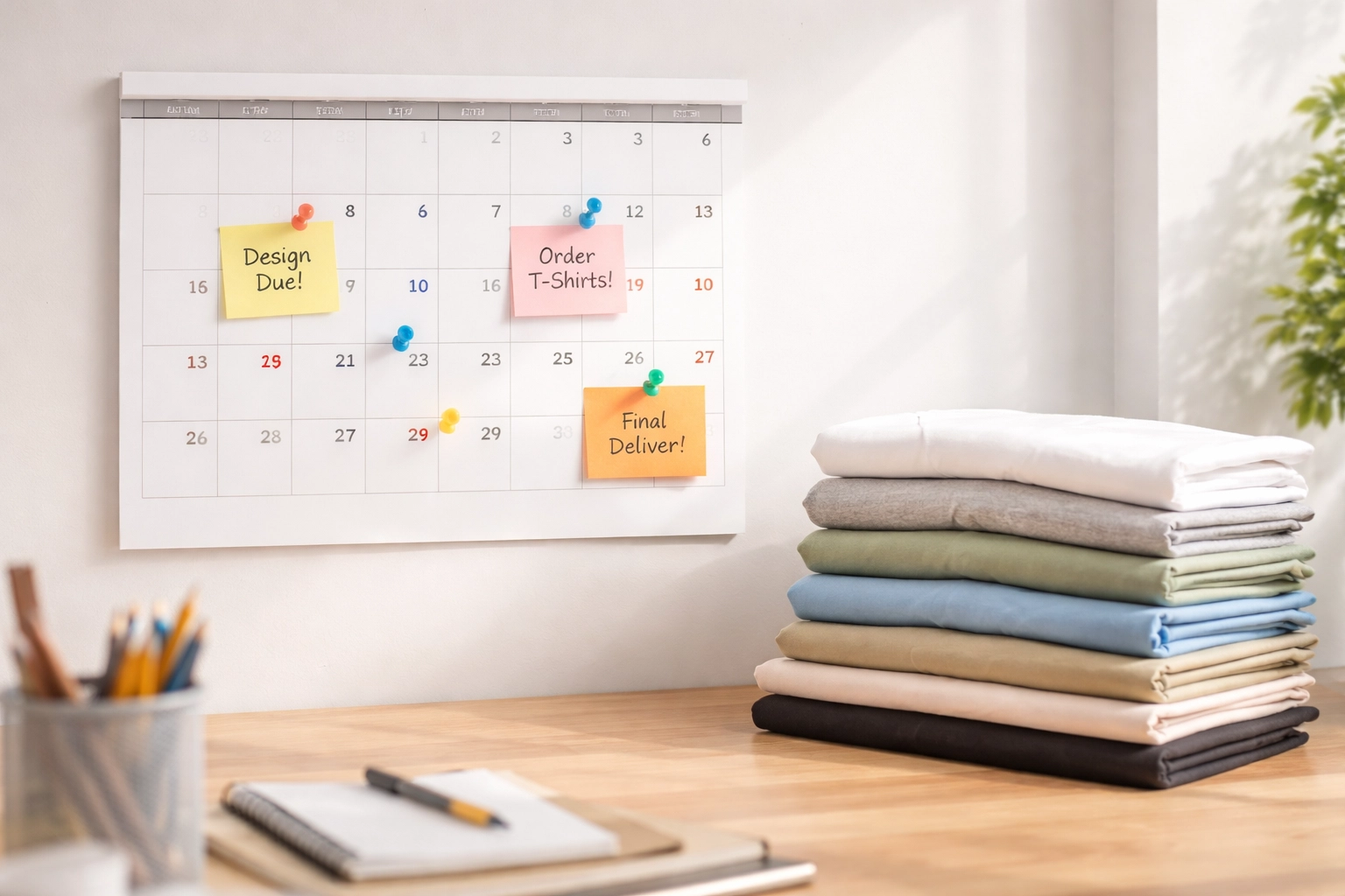 Wall calendar with deadlines and folded blank t-shirts showing planning for custom apparel orders