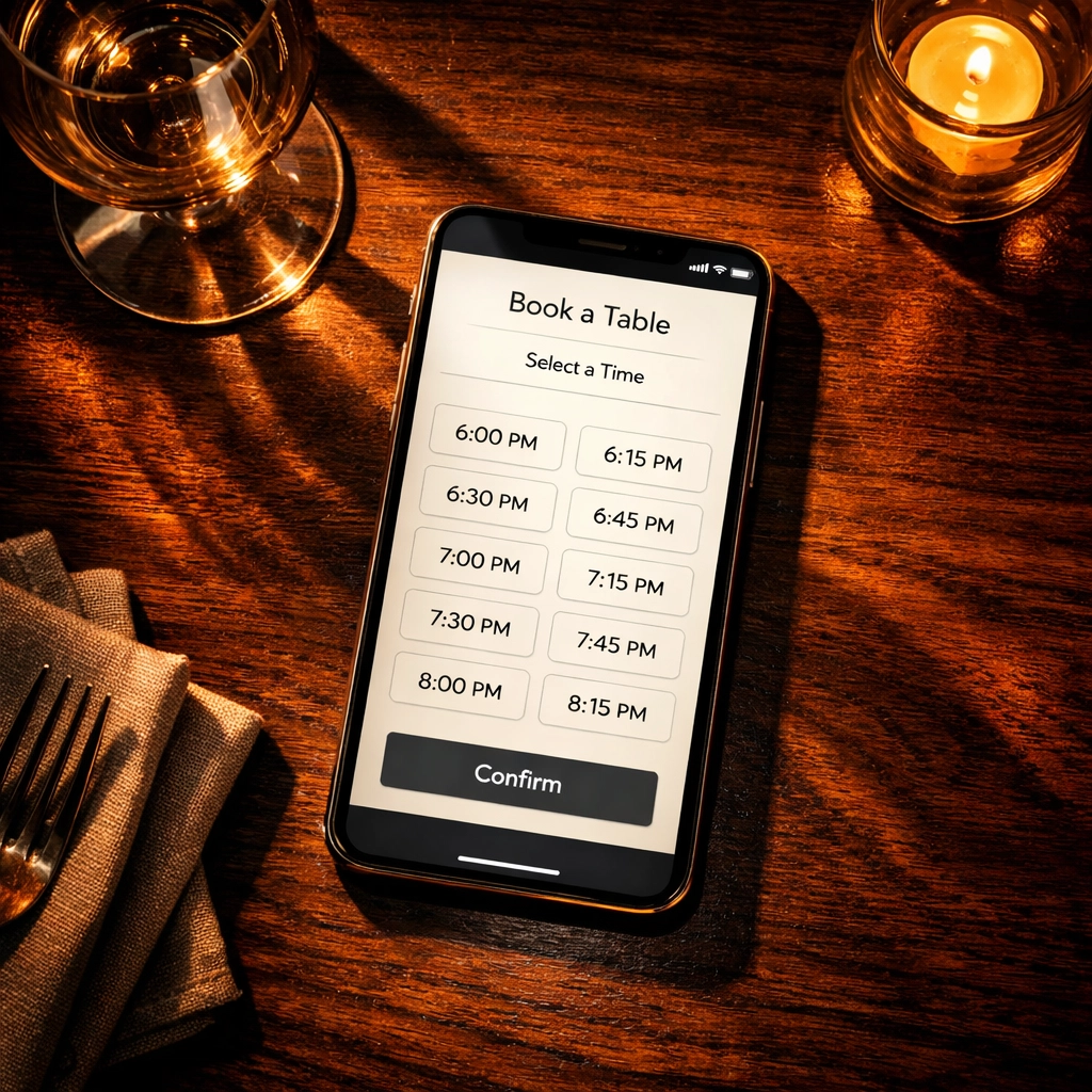 Mobile phone displaying restaurant booking system with real-time table availability