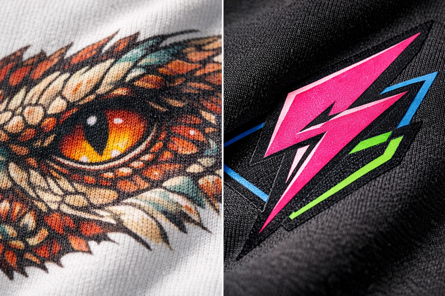Side-by-side view of breathable DTG ink on cotton and a vibrant, durable DTF transfer on a custom hoodie.
