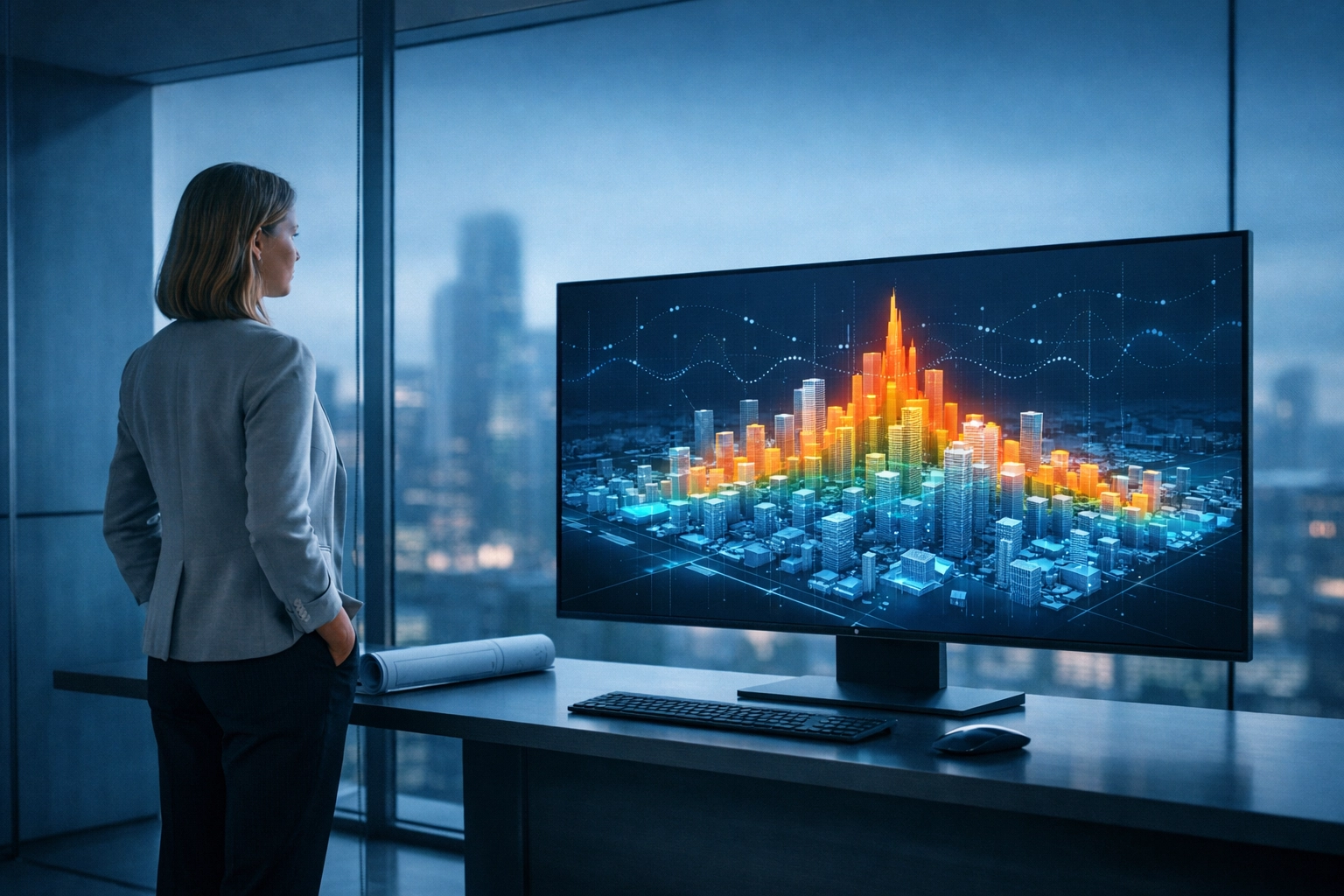 A property professional analyzing urban economic data and AI-driven development trends in a modern office.