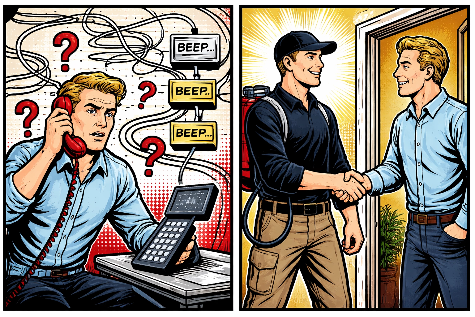 Split comic illustration shows a frustrated homeowner on the phone with a national chain versus a friendly local pest control technician greeting a Jasper AL resident, highlighting personal service.