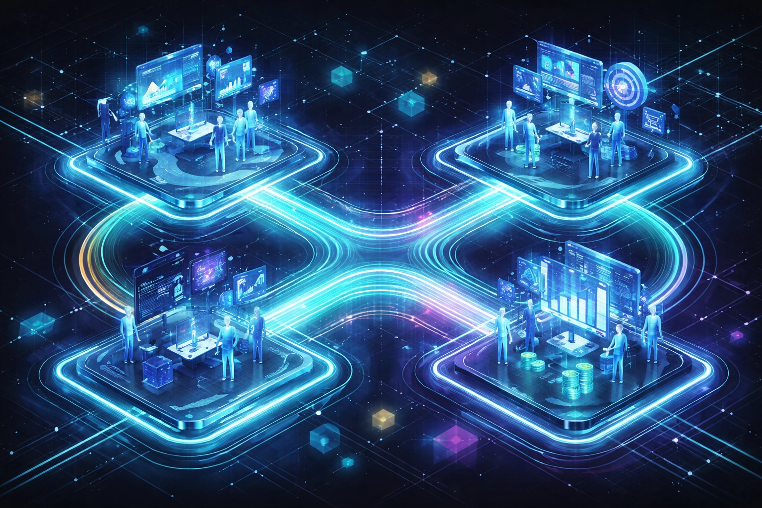 Interconnected digital platforms with data flows showcase seamless AI integration across business departments.