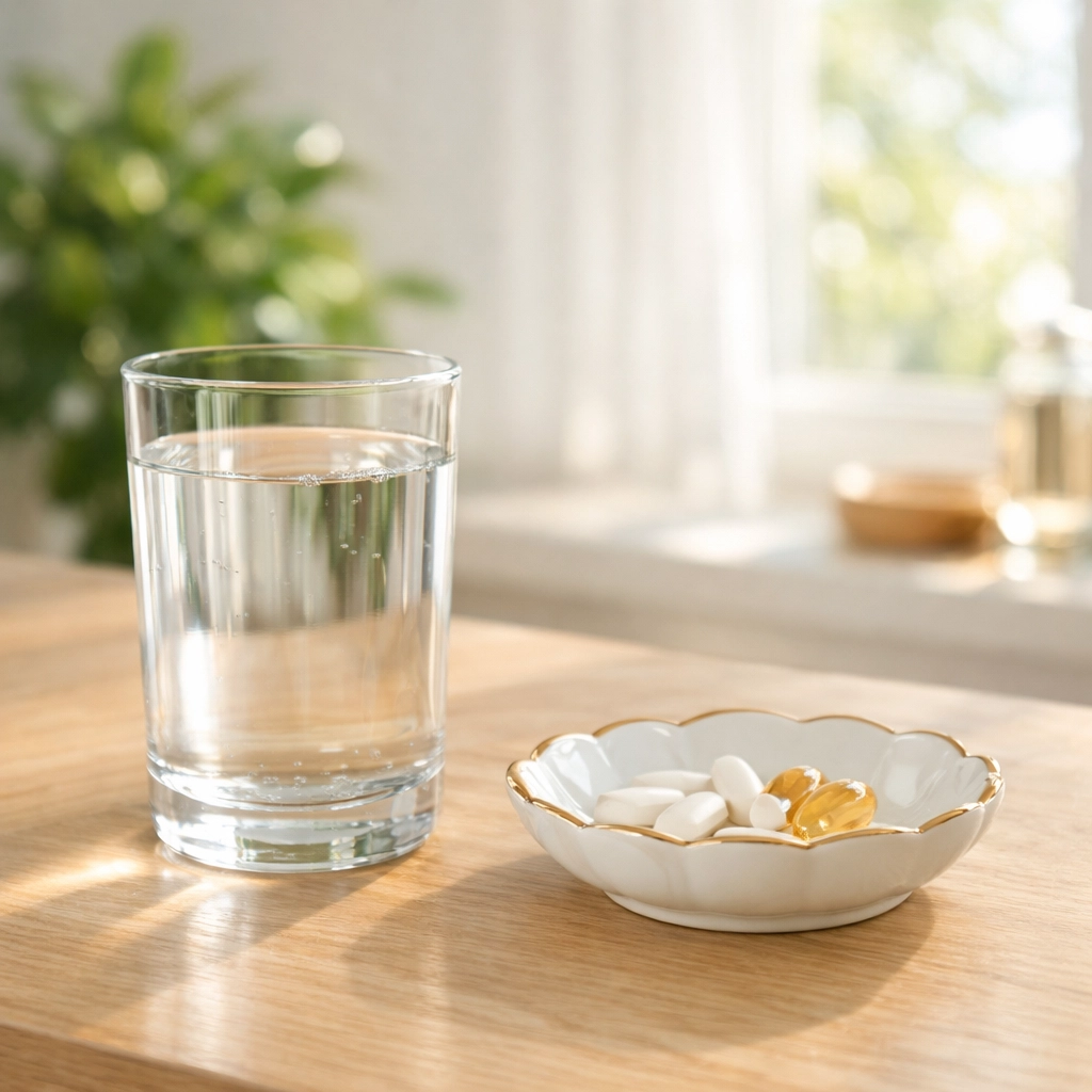 Daily wellness routine setup with water and medication dish for weight loss alternatives.
